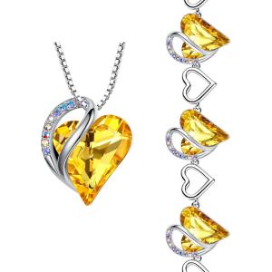 Leafael Infinity Love Heart Necklace and Bracelet for Women, November Birthstone Crystal Jewelry, Silver Tone Bundle Gifts for Women, Citrine Yellow
