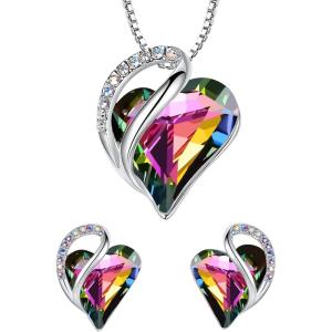 Leafael Infinity Love Heart Necklace and Stud Earrings for Women, Healing Stone for Protection Crystal Jewelry, Silver Tone Bundle Gifts for Women, Rainbow Black
