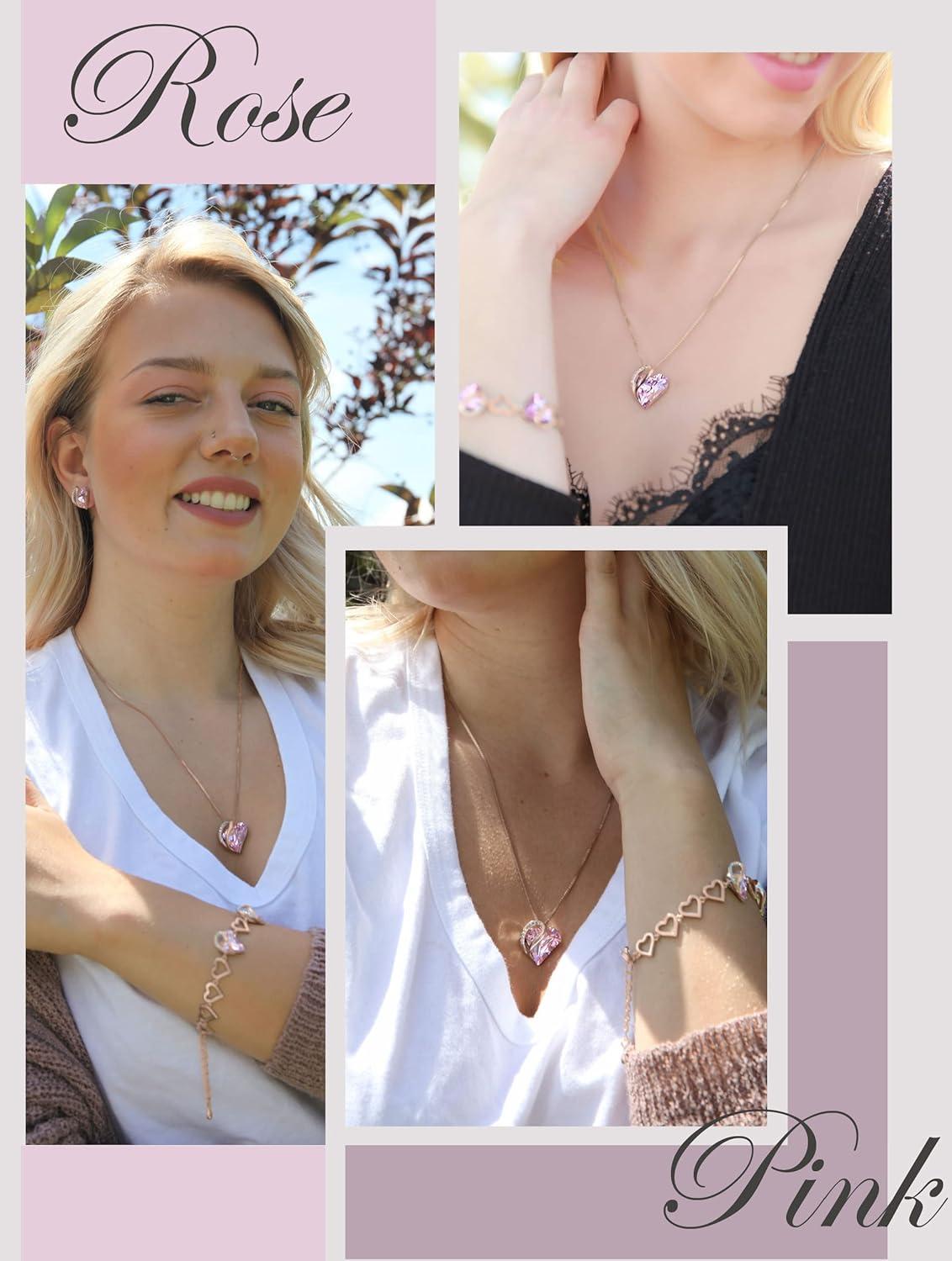 imageLeafael Infinity Love Crystal Heart Bundle Jewelry Set with Rose Quartz Pink Healing Stone Crystal for Romatic Love Gifts for Women Necklace Earrings Bracelet 18K Rose Gold Plated