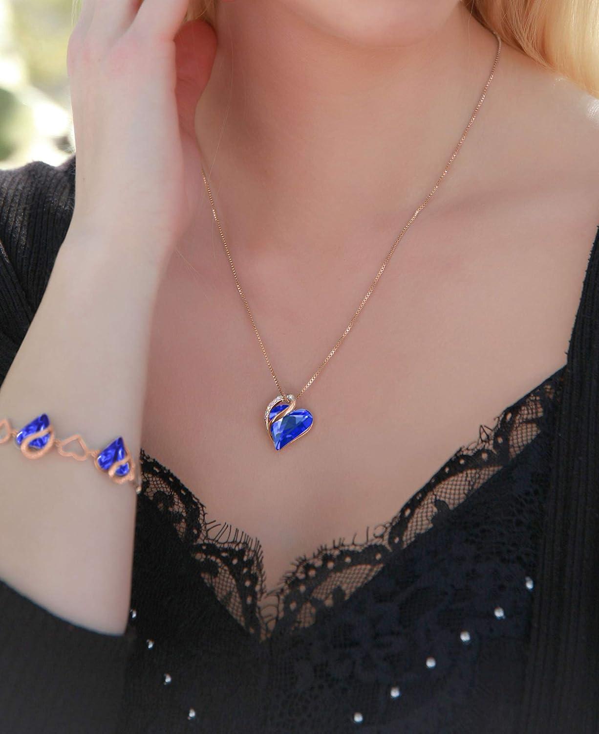 imageLeafael Infinity Love Crystal Heart Bundle Jewelry Set with Sapphire Blue Pendant Necklace Healign Stone Crystal for Protection Gifts for Women Necklace Earrings Bracelet 18K Rose Gold Plated