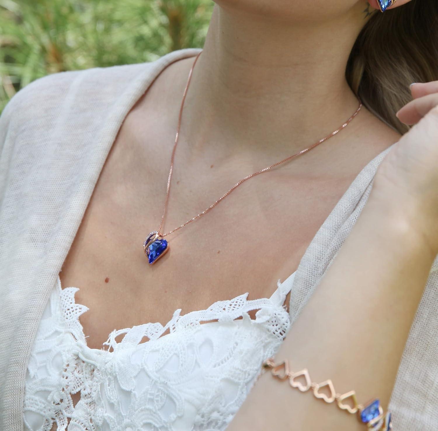 imageLeafael Infinity Love Crystal Heart Bundle Jewelry Set with Sapphire Blue Pendant Necklace Healign Stone Crystal for Protection Gifts for Women Necklace Earrings Bracelet 18K Rose Gold Plated