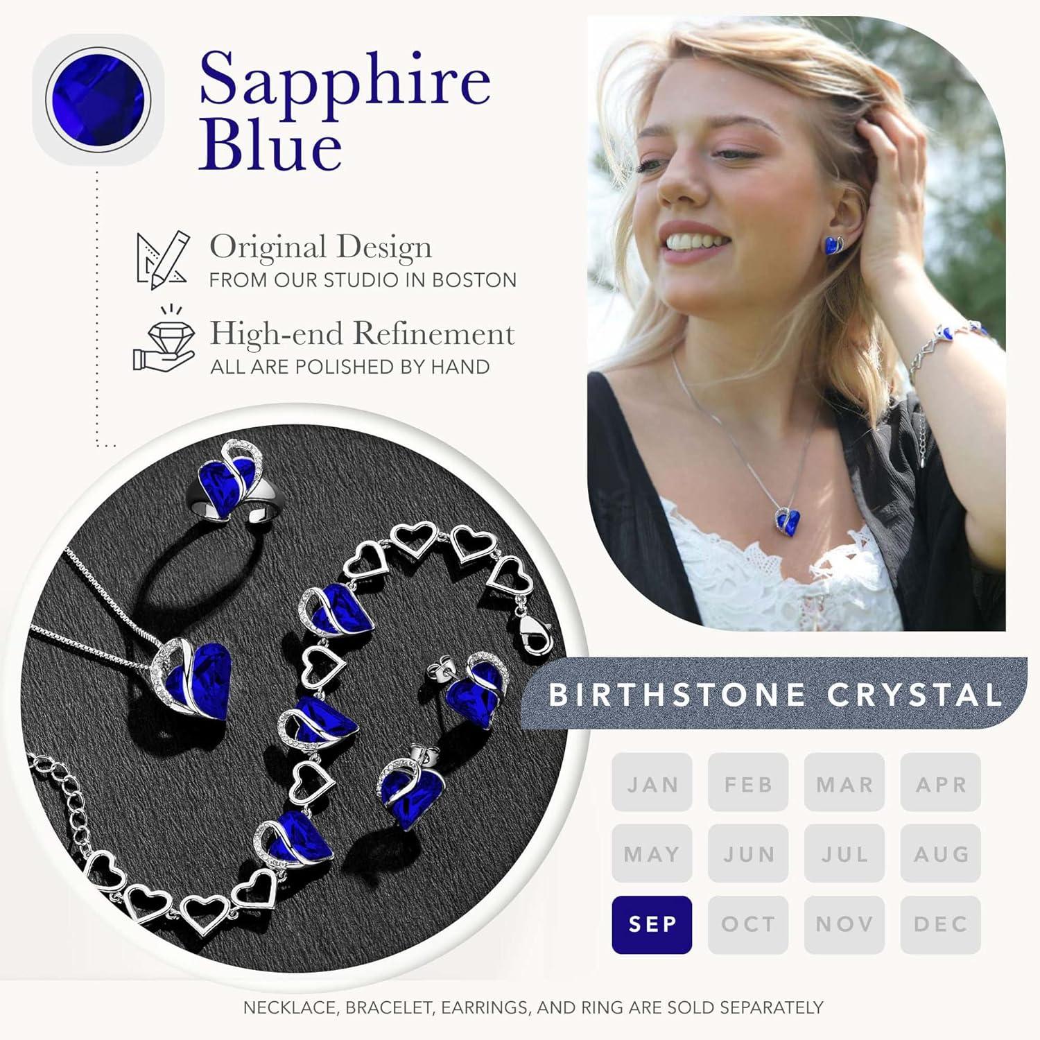 imageLeafael Infinity Love Heart Necklace Stud Earrings and Bracelet for Women September Birthstone Crystal Jewelry Silver Tone Gifts for Women Sapphire Blue