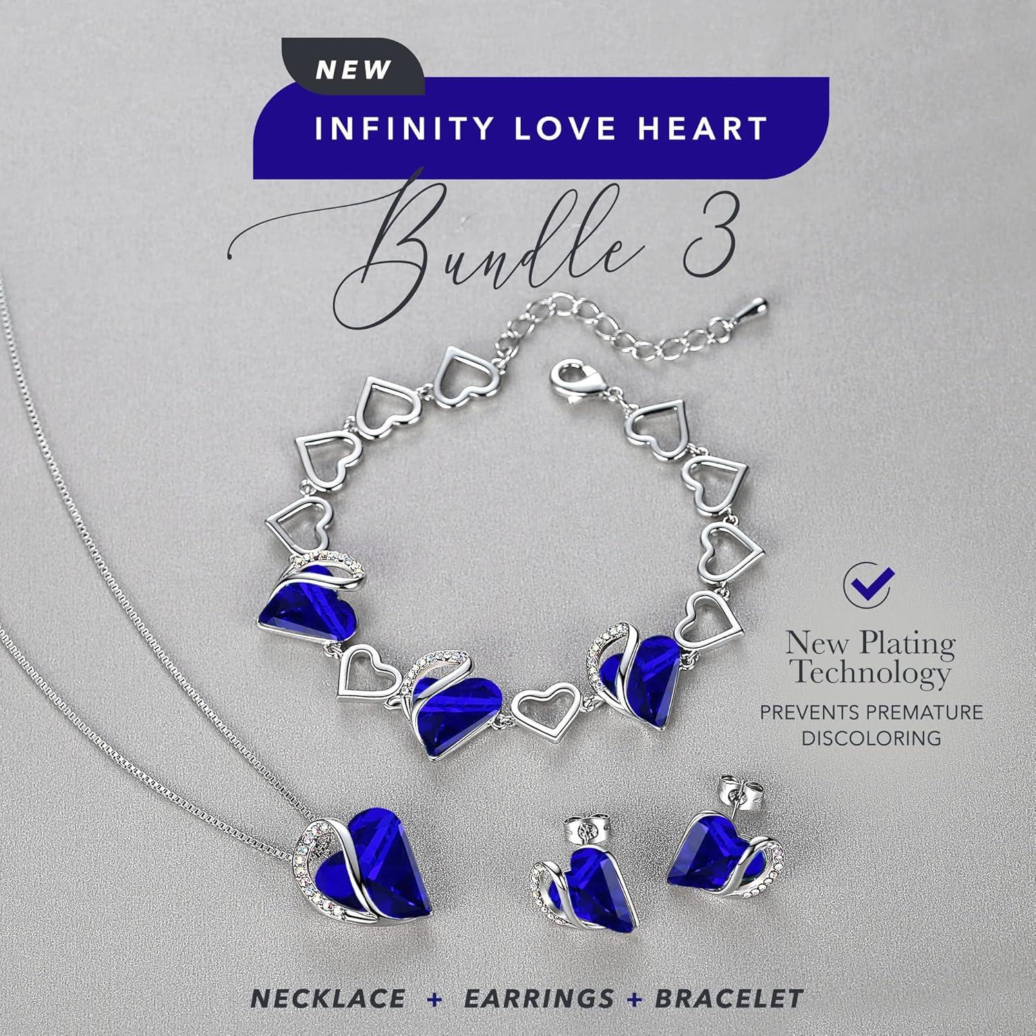imageLeafael Infinity Love Heart Necklace Stud Earrings and Bracelet for Women September Birthstone Crystal Jewelry Silver Tone Gifts for Women Sapphire Blue