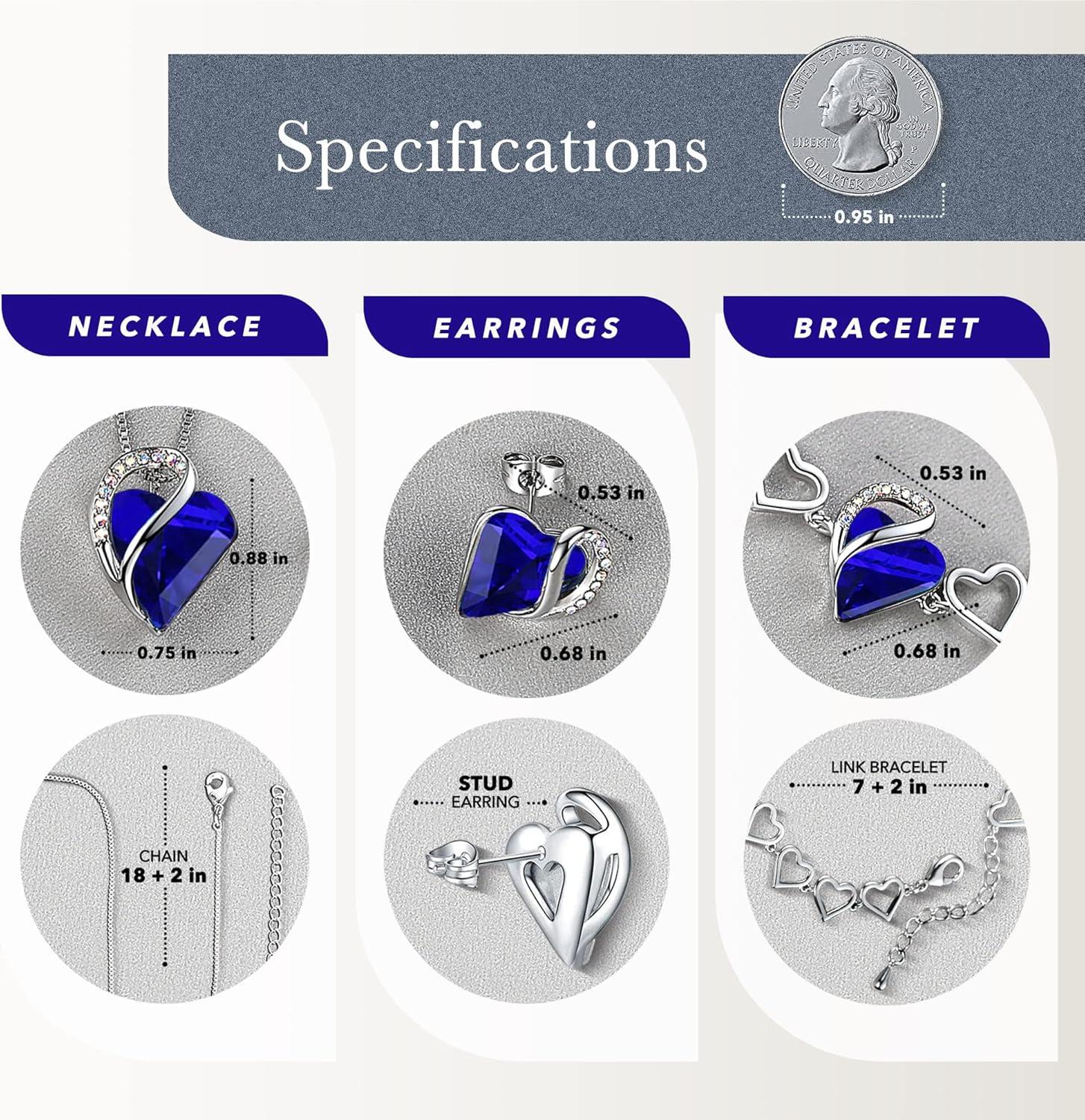 imageLeafael Infinity Love Heart Necklace Stud Earrings and Bracelet for Women September Birthstone Crystal Jewelry Silver Tone Gifts for Women Sapphire Blue