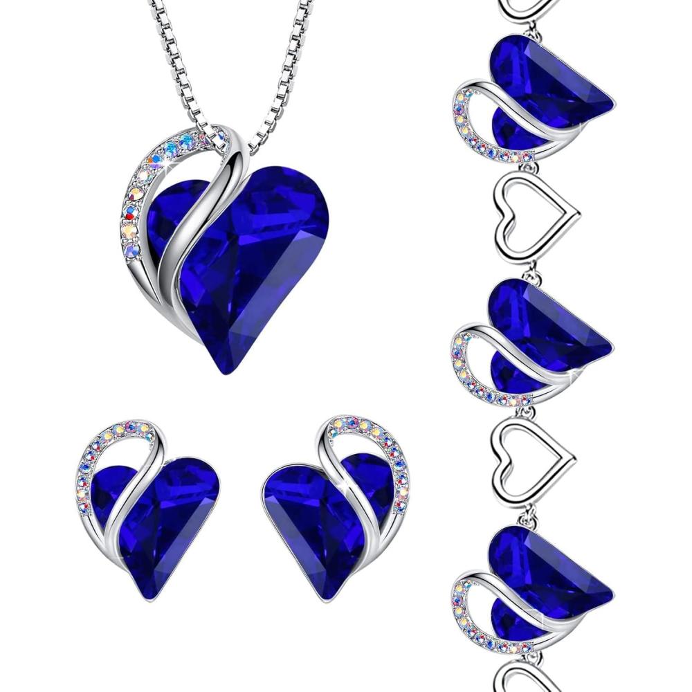 imageLeafael Infinity Love Heart Necklace Stud Earrings and Bracelet for Women September Birthstone Crystal Jewelry Silver Tone Gifts for Women Sapphire Blue