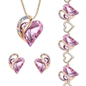 Leafael Infinity Love Crystal Heart Bundle Jewelry Set with Rose Quartz Pink Healing Stone Crystal for Romatic Love Gifts for Women Necklace Earrings Bracelet, 18K Rose Gold Plated