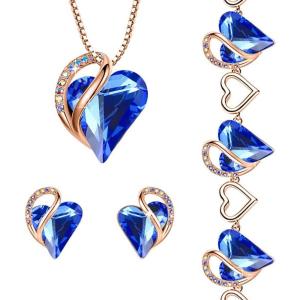 Leafael Infinity Love Crystal Heart Bundle Jewelry Set with Sapphire Blue Pendant Necklace Healign Stone Crystal for Protection Gifts for Women Necklace Earrings Bracelet, 18K Rose Gold Plated