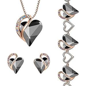 Leafael Infinity Love Crystal Heart Bundle Jewelry Set with Tourmaline Black Healing Stone Crystal for Protection Gifts for Women Necklace Earrings Bracelet, 18K Rose Gold Plated