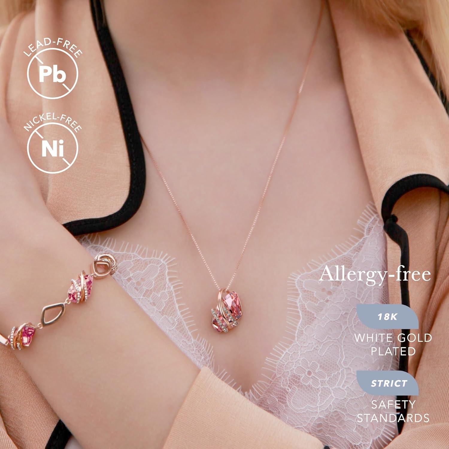 imageLeafael Wish Stone Necklace Stud Earrings Jewelry Set for Women October Birthstone Vintage Pink Crystal Jewelry Silver Tone Gifts for Women