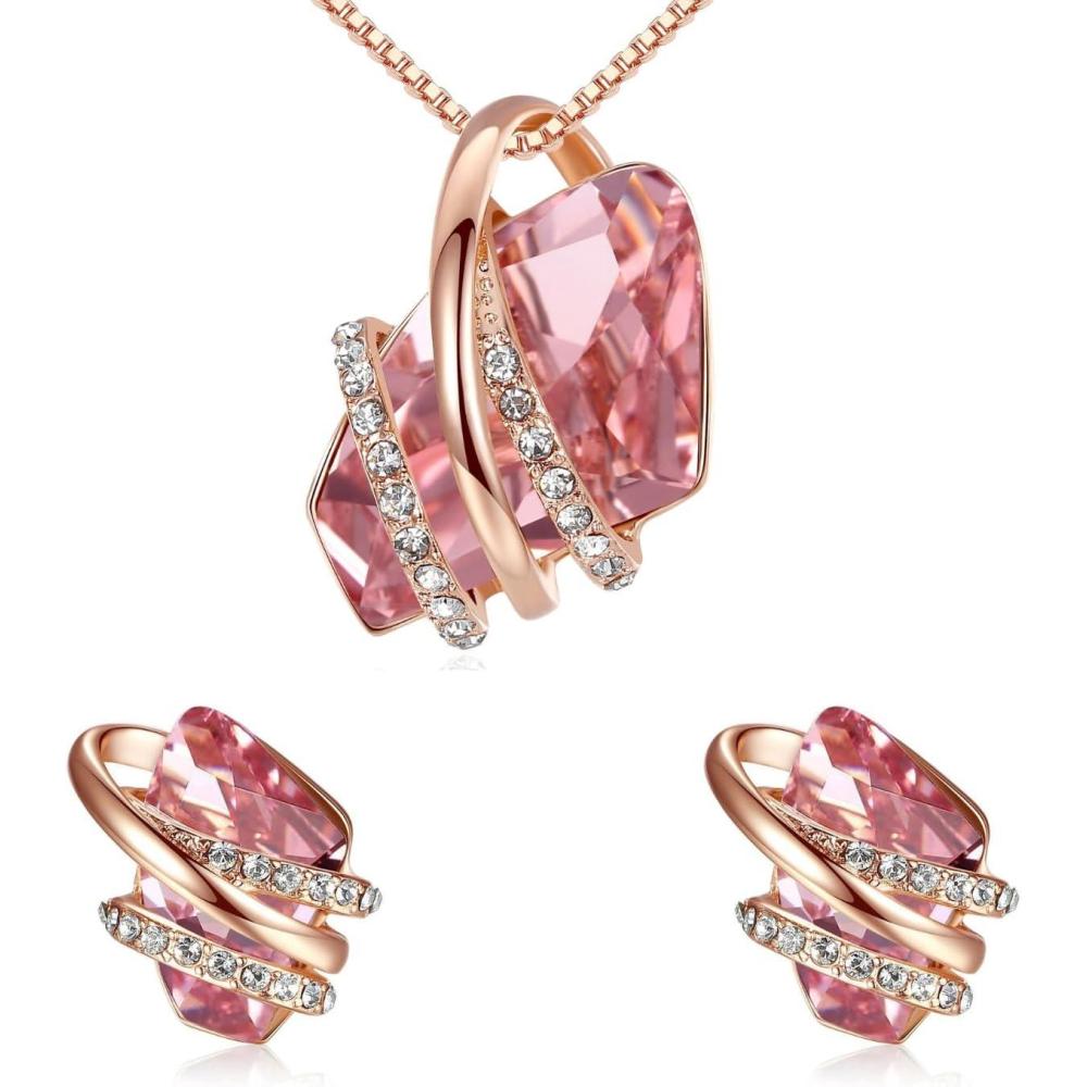 imageLeafael Wish Stone Necklace Stud Earrings Jewelry Set for Women October Birthstone Vintage Pink Crystal Jewelry Silver Tone Gifts for Women