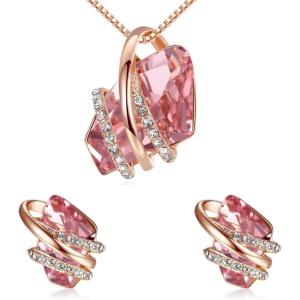 Leafael Wish Stone Necklace, Stud Earrings Jewelry Set for Women, October Birthstone Vintage Pink Crystal Jewelry, Silver Tone Gifts for Women