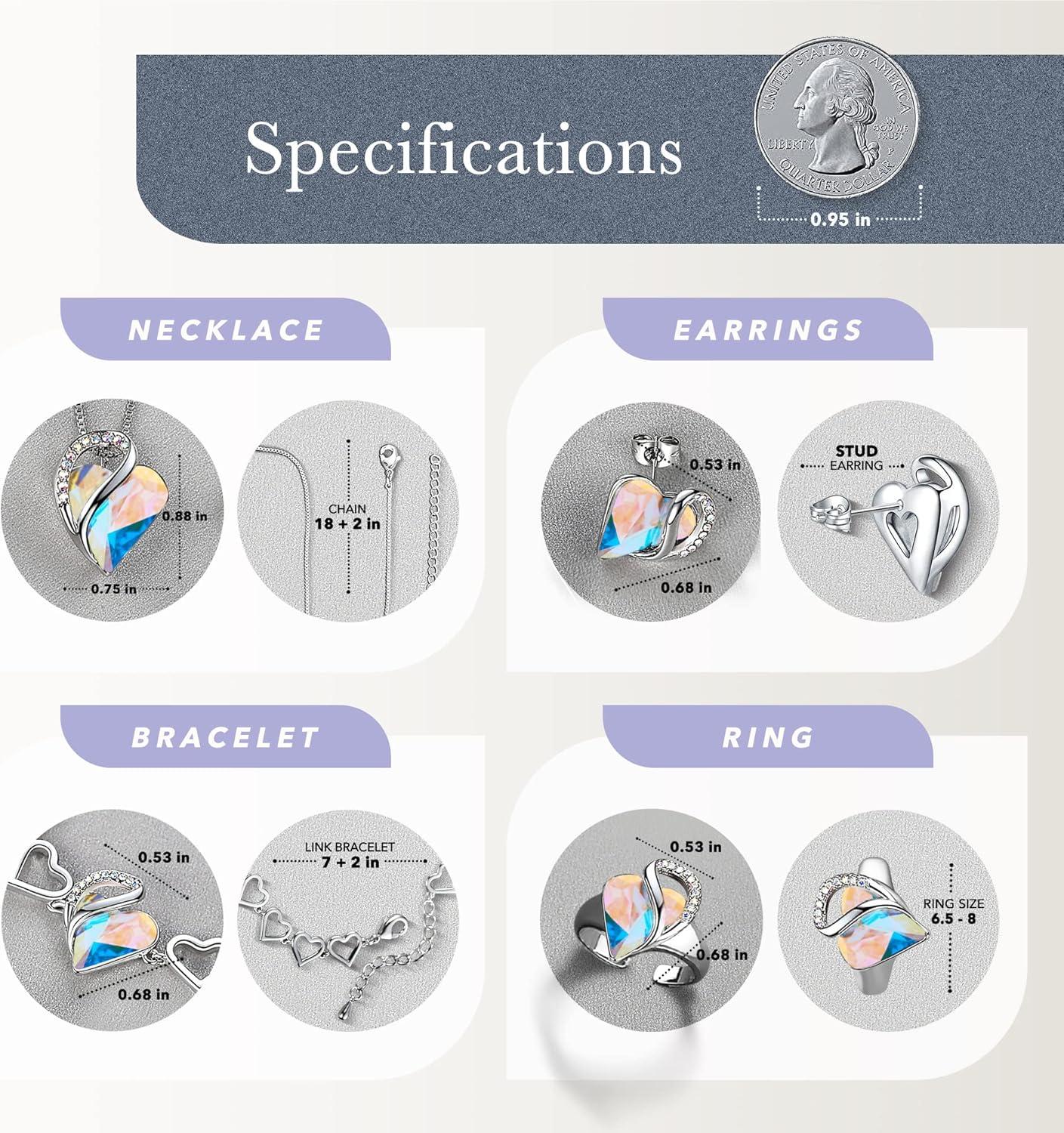 imageLeafael Infinity Love Heart Necklace Stud Earrings Bracelet and Ring Set April Birthstone Crystal Jewelry Silver Tone Gifts for Women Rainbow Opal White