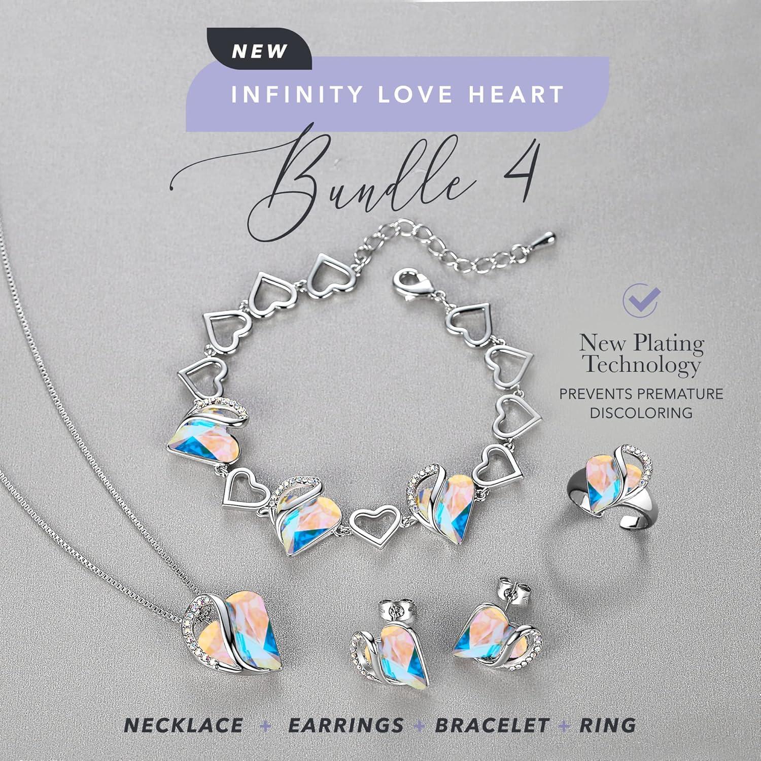 imageLeafael Infinity Love Heart Necklace Stud Earrings Bracelet and Ring Set April Birthstone Crystal Jewelry Silver Tone Gifts for Women Rainbow Opal White