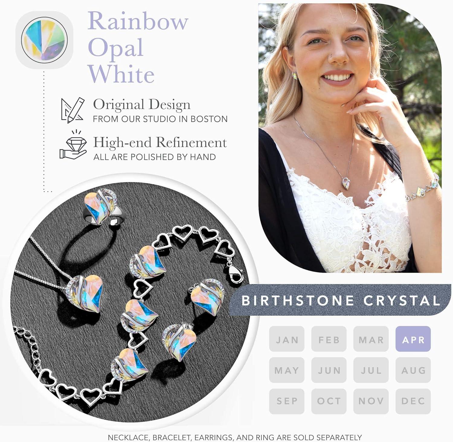imageLeafael Infinity Love Heart Necklace Stud Earrings Bracelet and Ring Set April Birthstone Crystal Jewelry Silver Tone Gifts for Women Rainbow Opal White