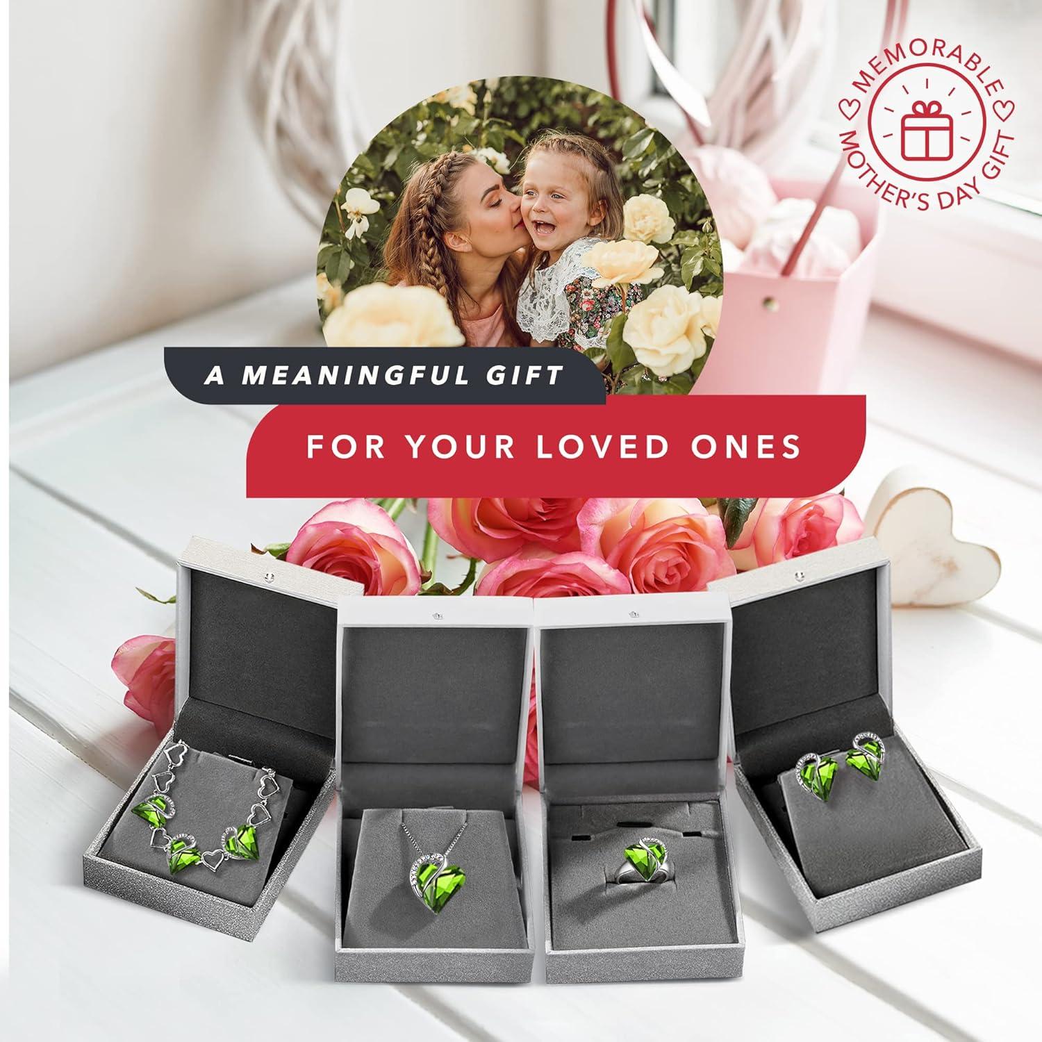 imageLeafael Infinity Love Heart Necklace Stud Earrings Bracelet and Ring Set August Birthstone Crystal Jewelry Silver Tone Gifts for Women Peridot Green