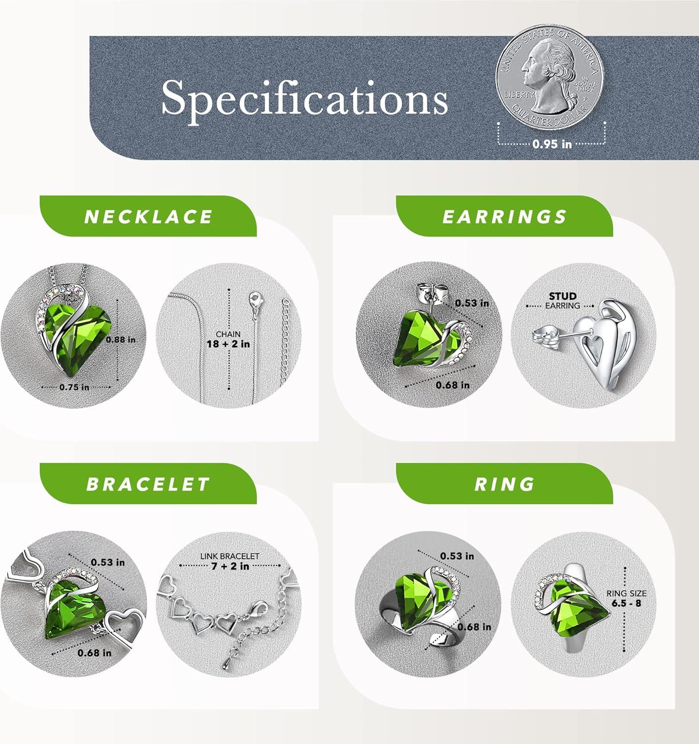 imageLeafael Infinity Love Heart Necklace Stud Earrings Bracelet and Ring Set August Birthstone Crystal Jewelry Silver Tone Gifts for Women Peridot Green