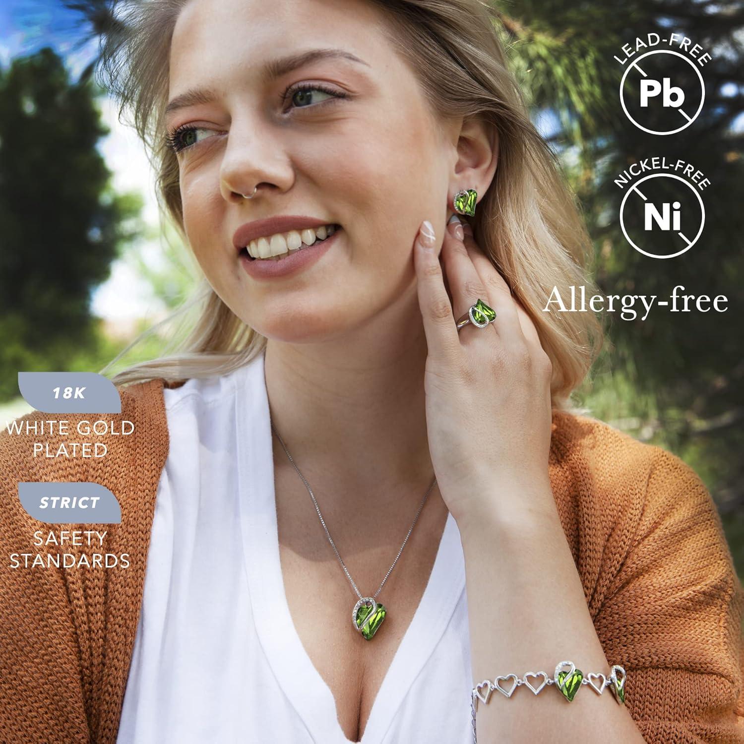 imageLeafael Infinity Love Heart Necklace Stud Earrings Bracelet and Ring Set August Birthstone Crystal Jewelry Silver Tone Gifts for Women Peridot Green
