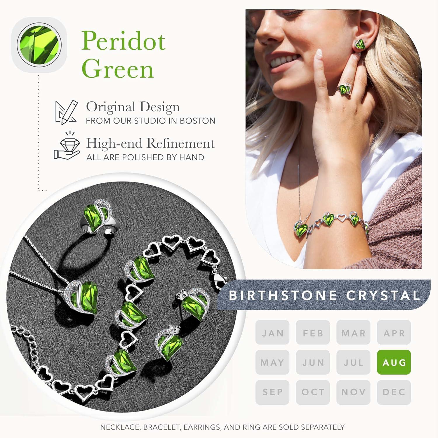 imageLeafael Infinity Love Heart Necklace Stud Earrings Bracelet and Ring Set August Birthstone Crystal Jewelry Silver Tone Gifts for Women Peridot Green