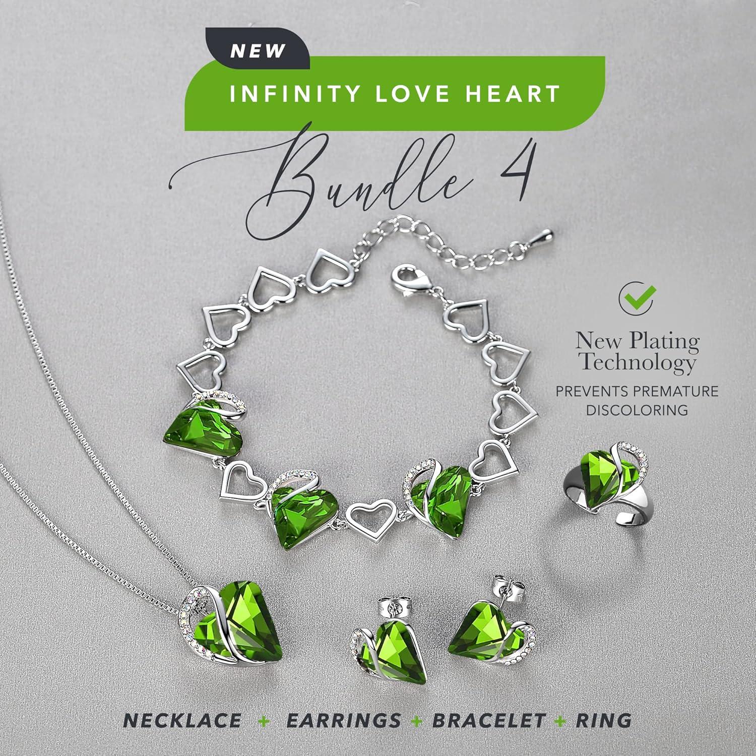 imageLeafael Infinity Love Heart Necklace Stud Earrings Bracelet and Ring Set August Birthstone Crystal Jewelry Silver Tone Gifts for Women Peridot Green