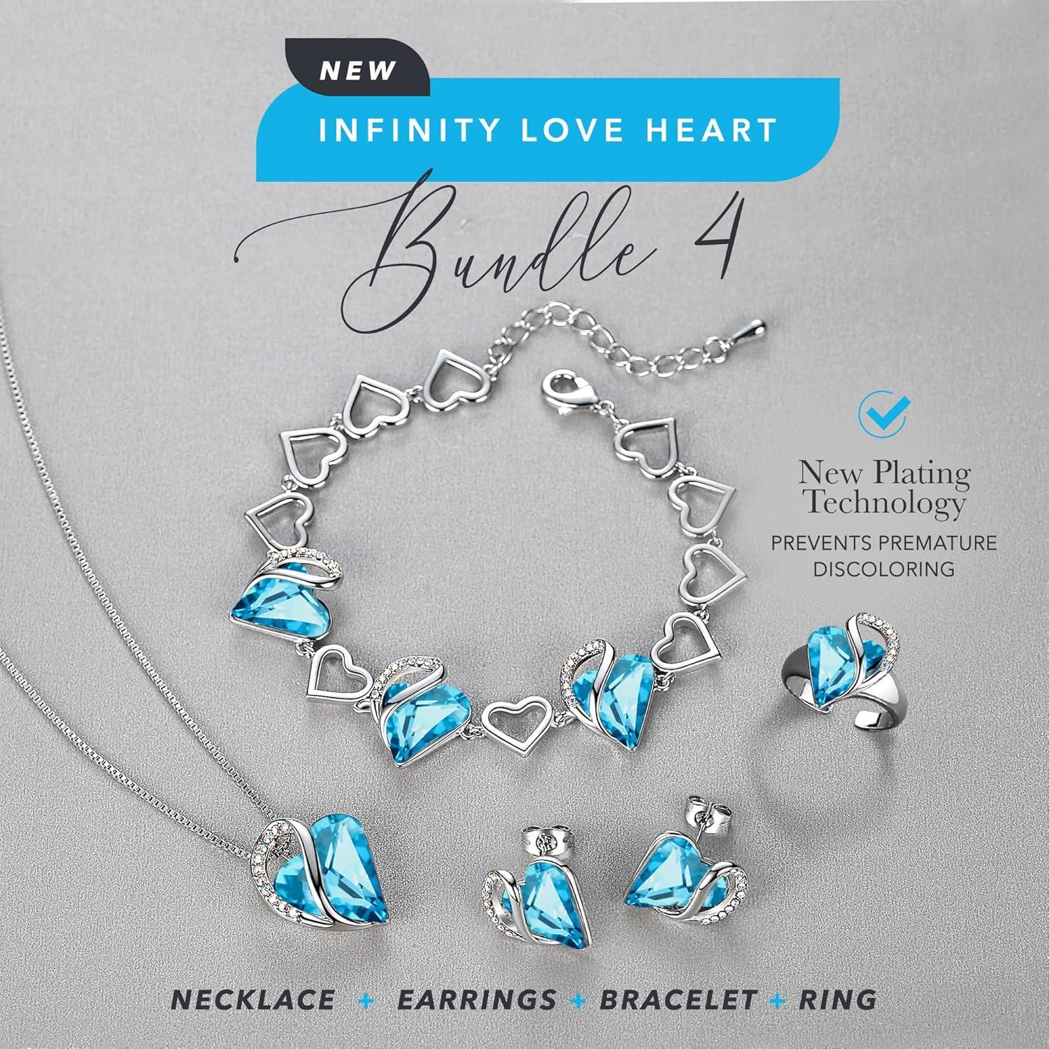 imageLeafael Infinity Love Heart Necklace Stud Earrings Bracelet and Ring Set December Birthstone Crystal Jewelry Silver Tone Gifts for Women Turquoise Aquamarine Blue