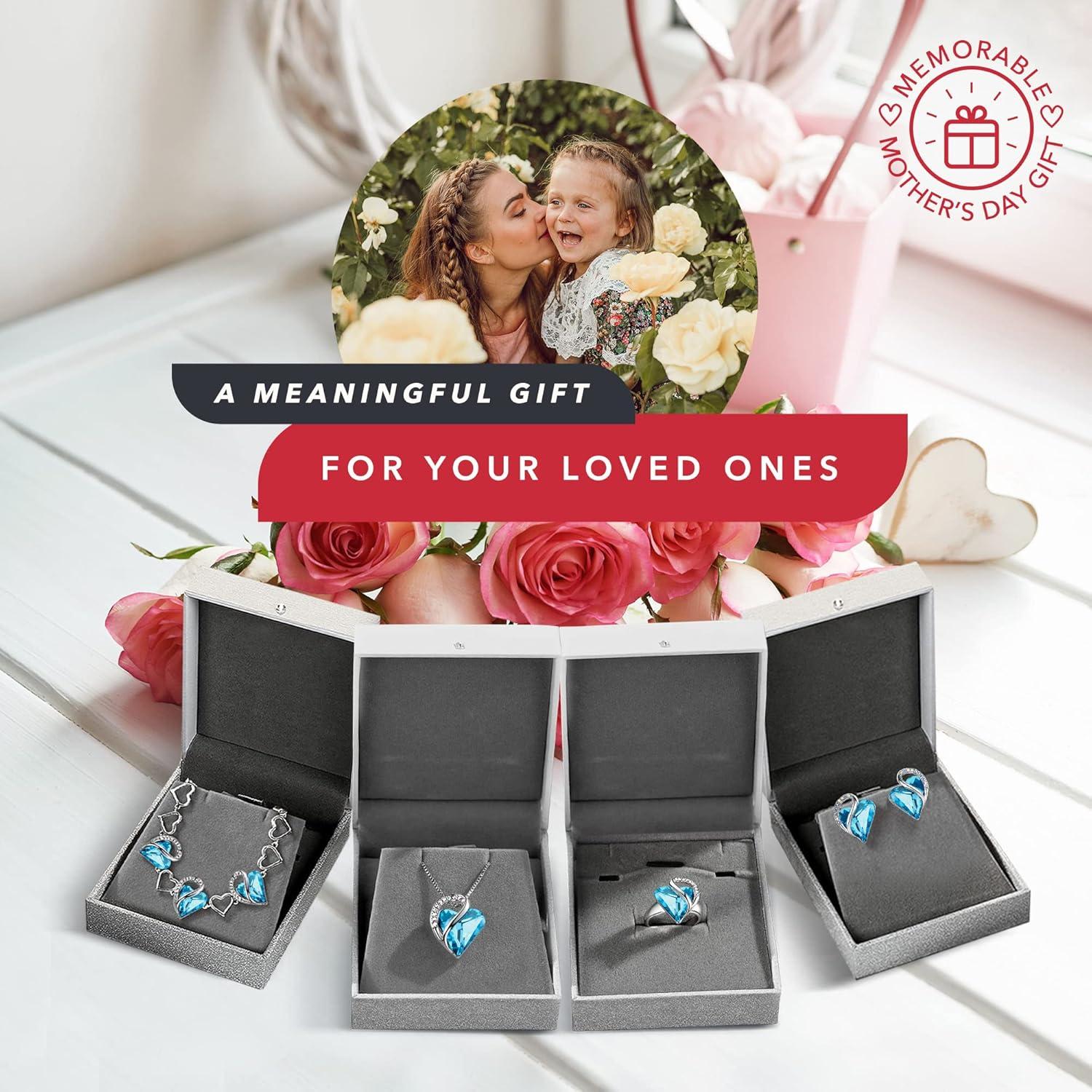 imageLeafael Infinity Love Heart Necklace Stud Earrings Bracelet and Ring Set December Birthstone Crystal Jewelry Silver Tone Gifts for Women Turquoise Aquamarine Blue