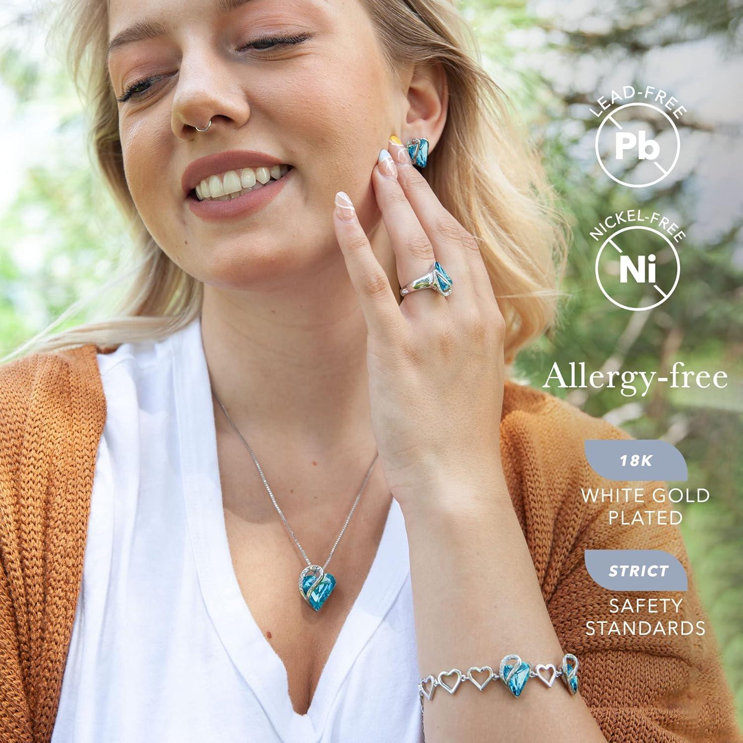 imageLeafael Infinity Love Heart Necklace Stud Earrings Bracelet and Ring Set December Birthstone Crystal Jewelry Silver Tone Gifts for Women Turquoise Aquamarine Blue