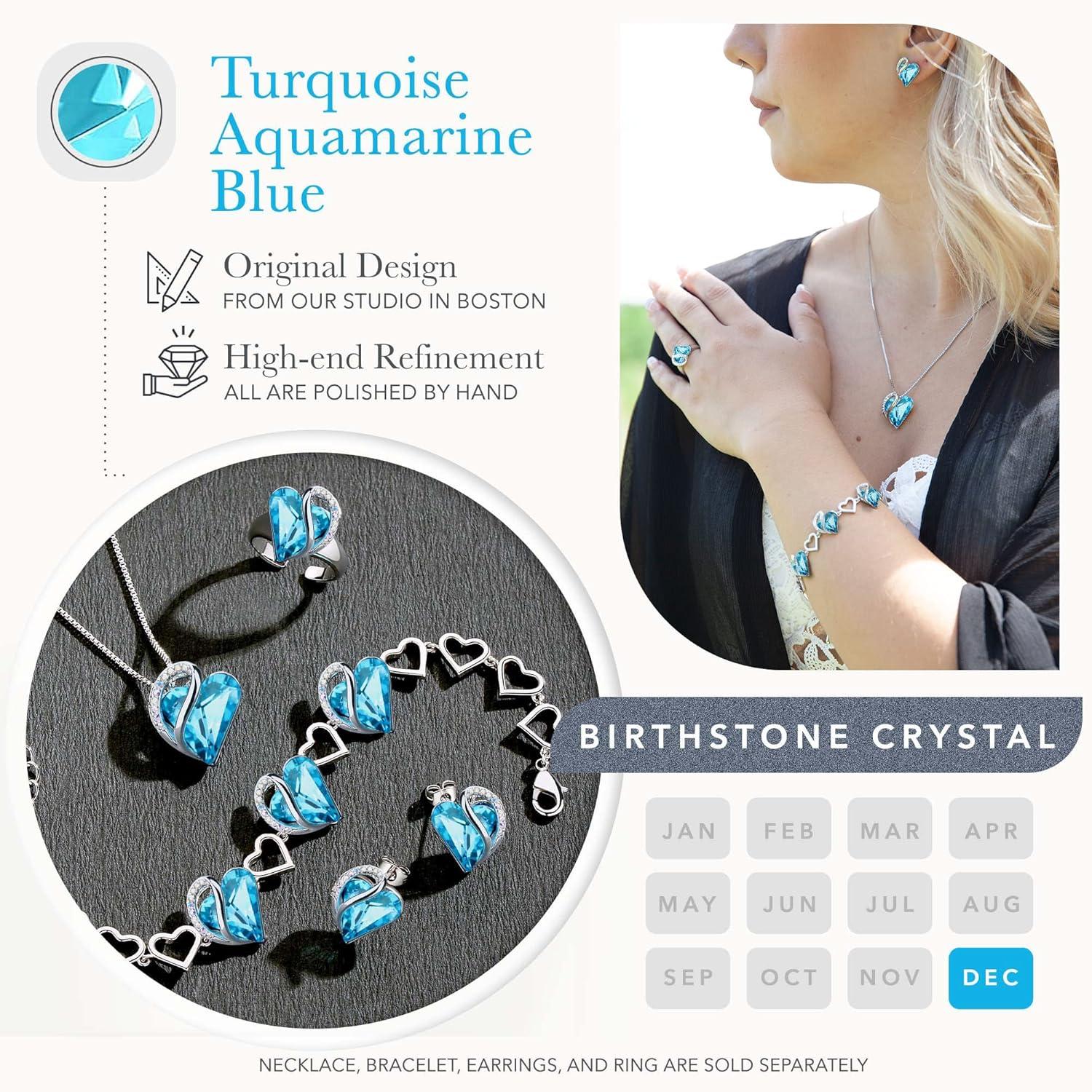 imageLeafael Infinity Love Heart Necklace Stud Earrings Bracelet and Ring Set December Birthstone Crystal Jewelry Silver Tone Gifts for Women Turquoise Aquamarine Blue