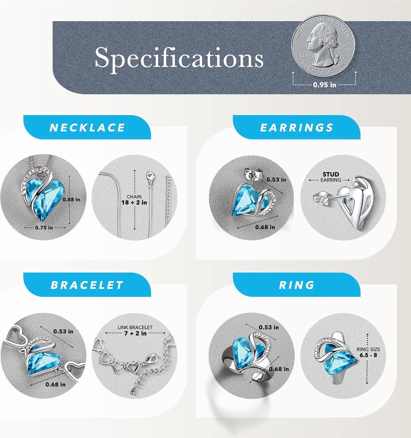 imageLeafael Infinity Love Heart Necklace Stud Earrings Bracelet and Ring Set December Birthstone Crystal Jewelry Silver Tone Gifts for Women Turquoise Aquamarine Blue