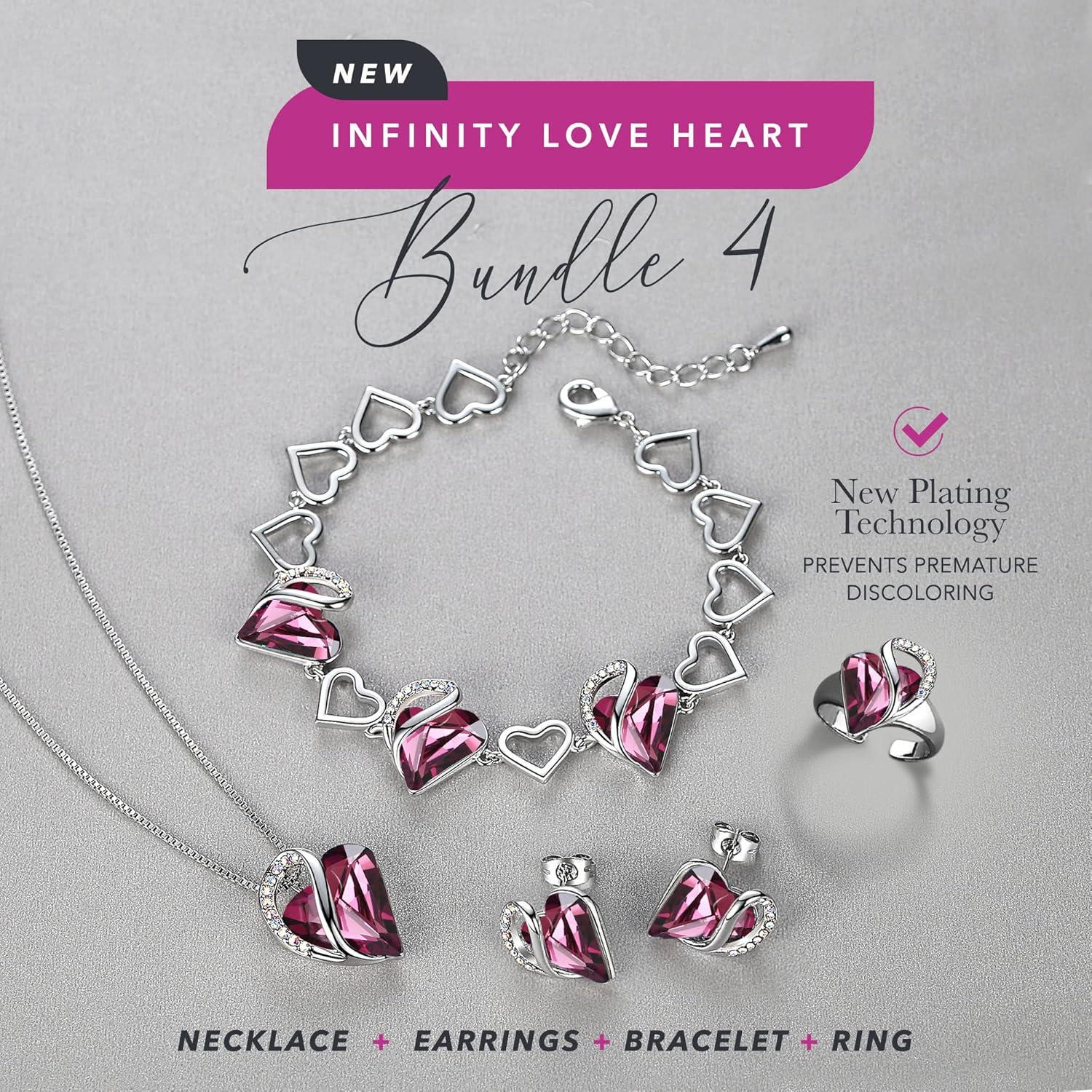 imageLeafael Infinity Love Heart Necklace Stud Earrings Bracelet and Ring Set February Birthstone Crystal Jewelry Silver Tone Gifts for Women Amethyst Pink