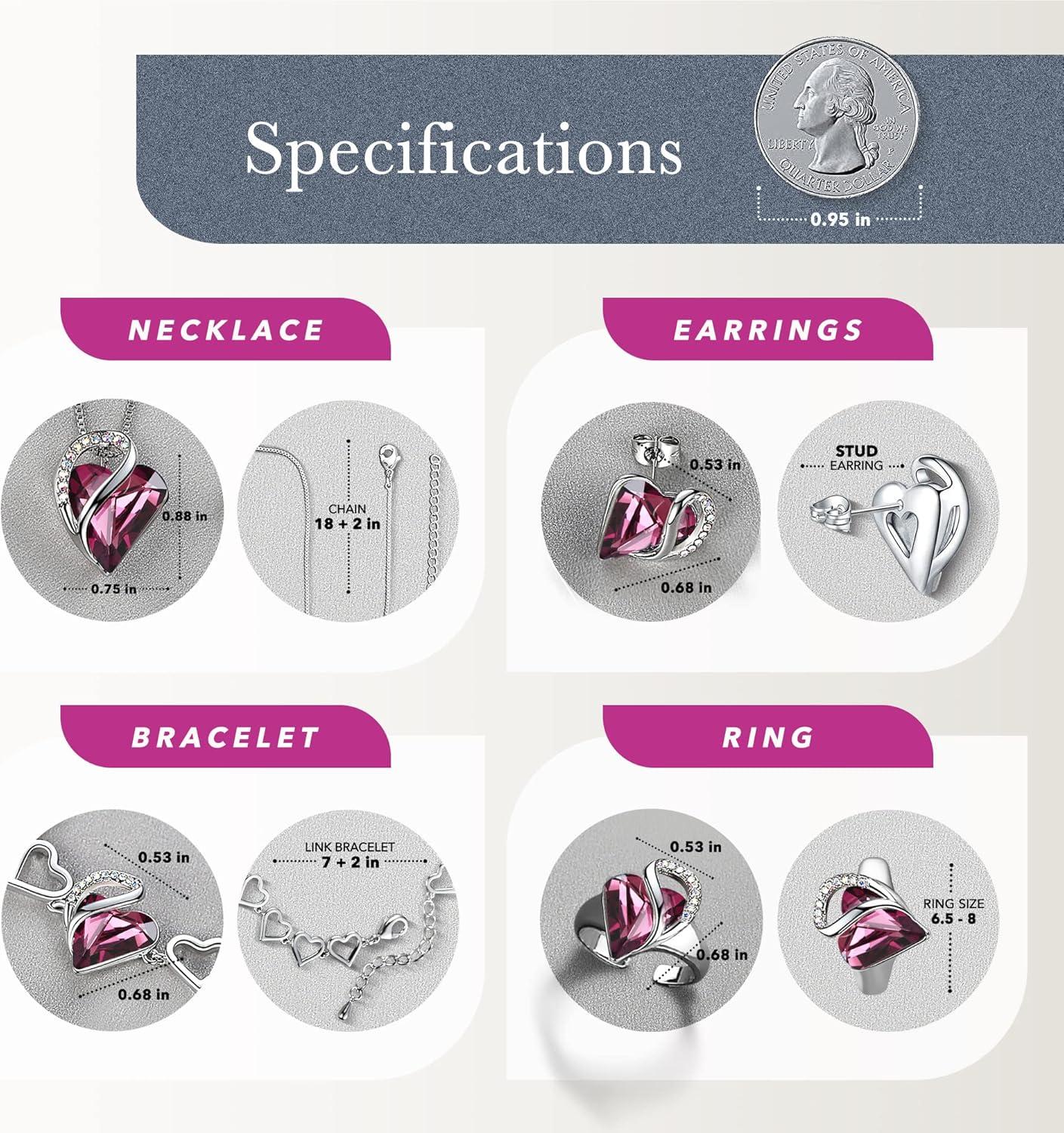 imageLeafael Infinity Love Heart Necklace Stud Earrings Bracelet and Ring Set February Birthstone Crystal Jewelry Silver Tone Gifts for Women Amethyst Pink