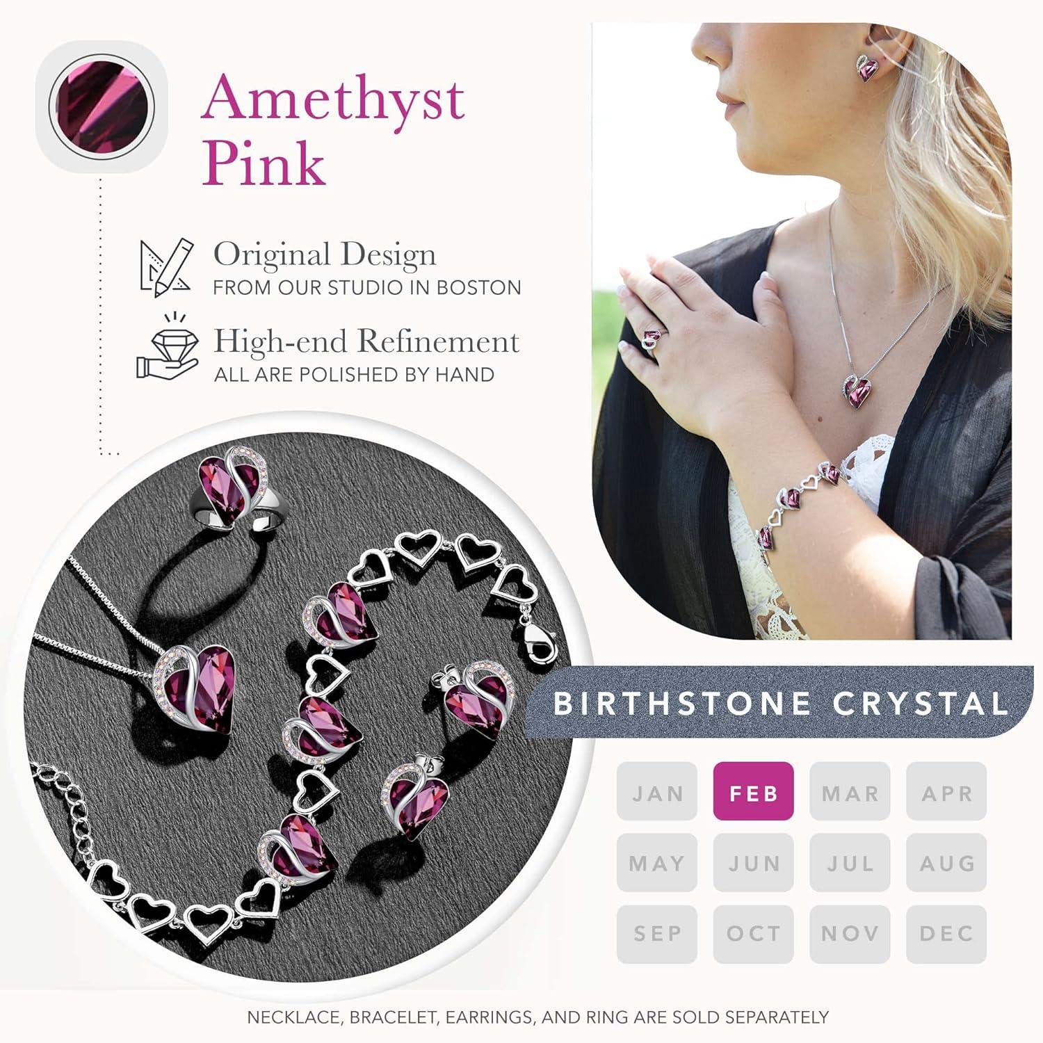 imageLeafael Infinity Love Heart Necklace Stud Earrings Bracelet and Ring Set February Birthstone Crystal Jewelry Silver Tone Gifts for Women Amethyst Pink