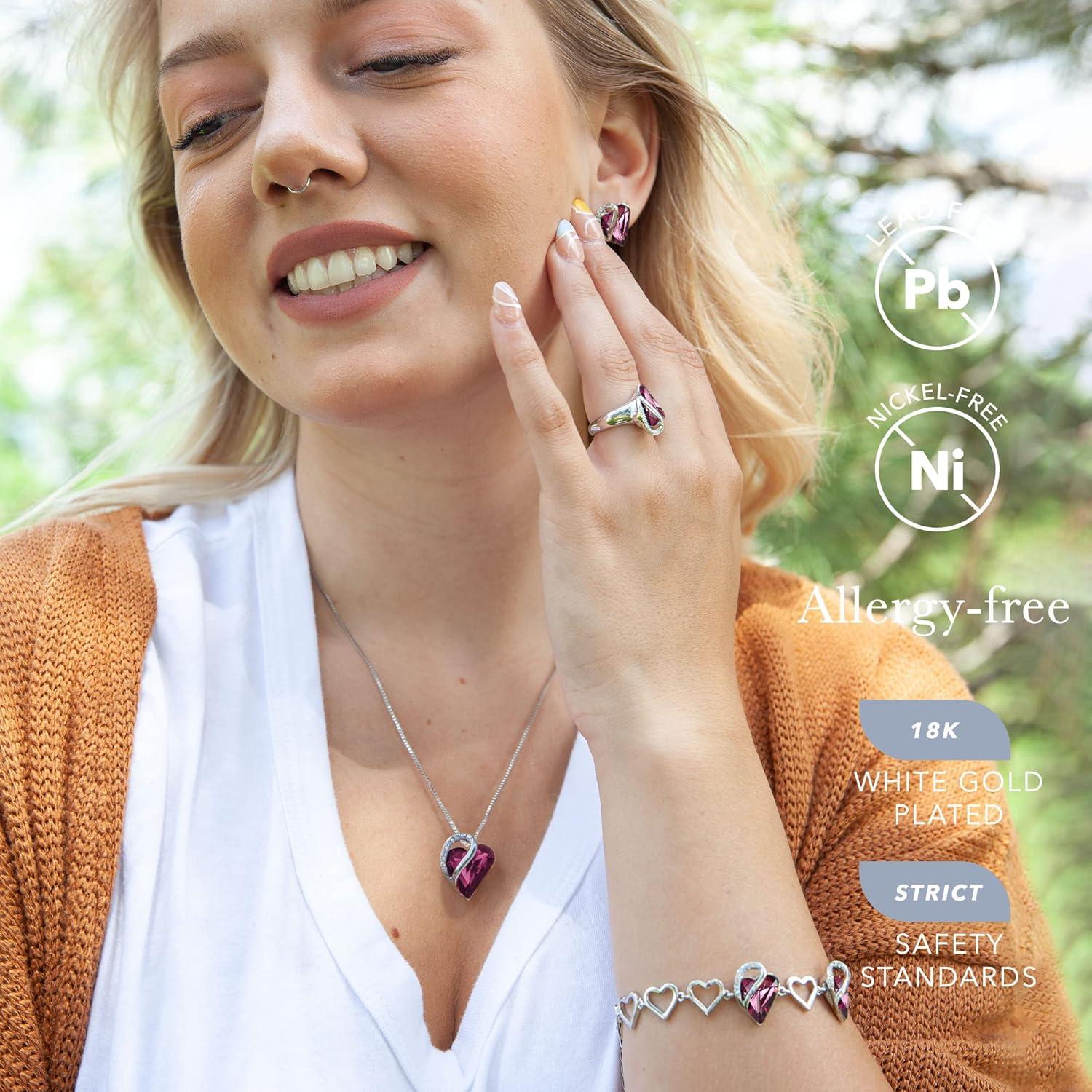 imageLeafael Infinity Love Heart Necklace Stud Earrings Bracelet and Ring Set February Birthstone Crystal Jewelry Silver Tone Gifts for Women Amethyst Pink