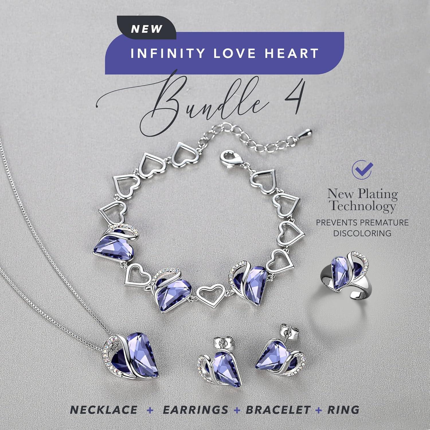 imageLeafael Infinity Love Heart Necklace Stud Earrings Bracelet and Ring Set February Birthstone Crystal Jewelry Silver Tone Gifts for Women Tanzanite Purple
