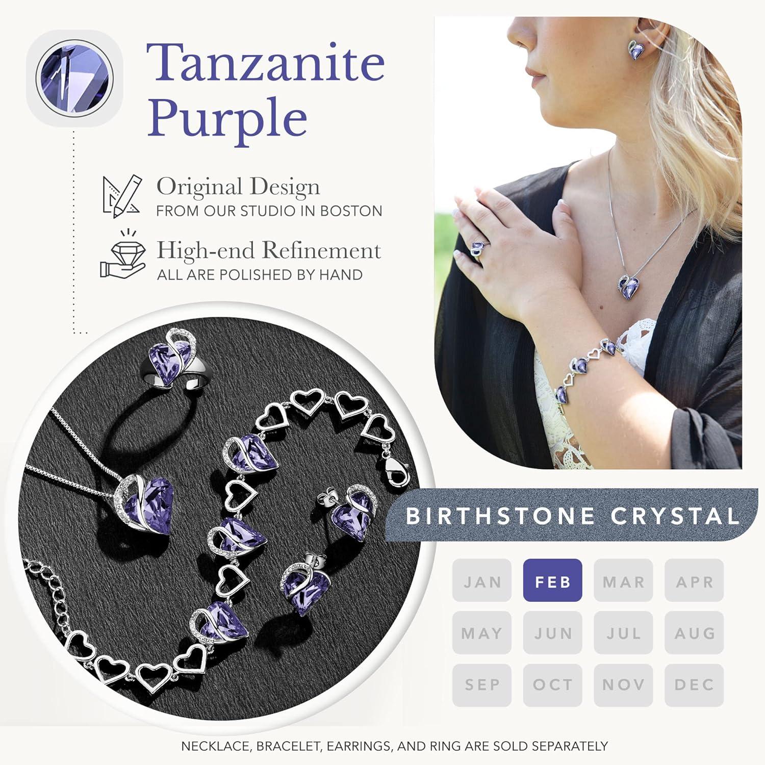 imageLeafael Infinity Love Heart Necklace Stud Earrings Bracelet and Ring Set February Birthstone Crystal Jewelry Silver Tone Gifts for Women Tanzanite Purple