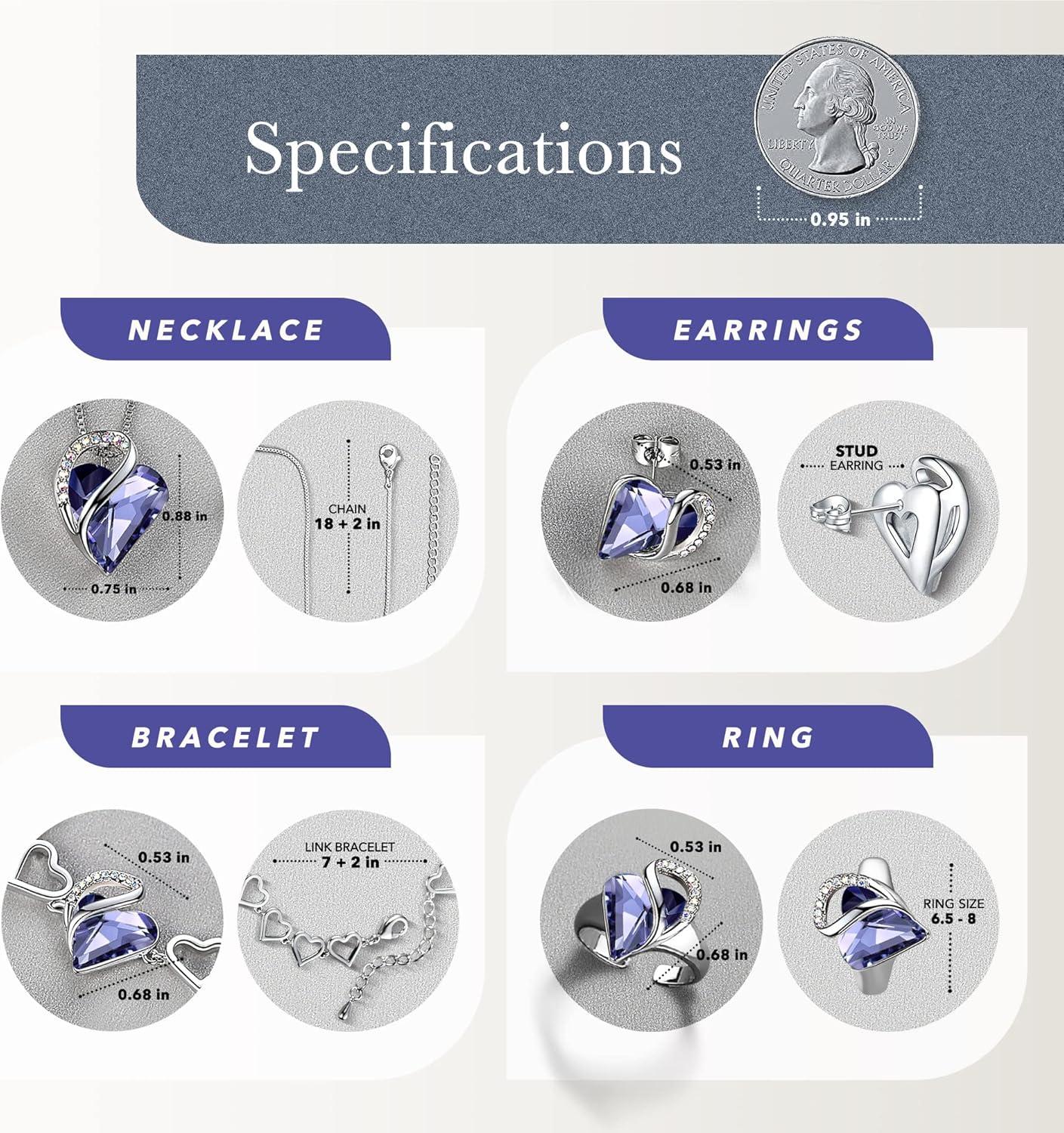 imageLeafael Infinity Love Heart Necklace Stud Earrings Bracelet and Ring Set February Birthstone Crystal Jewelry Silver Tone Gifts for Women Tanzanite Purple