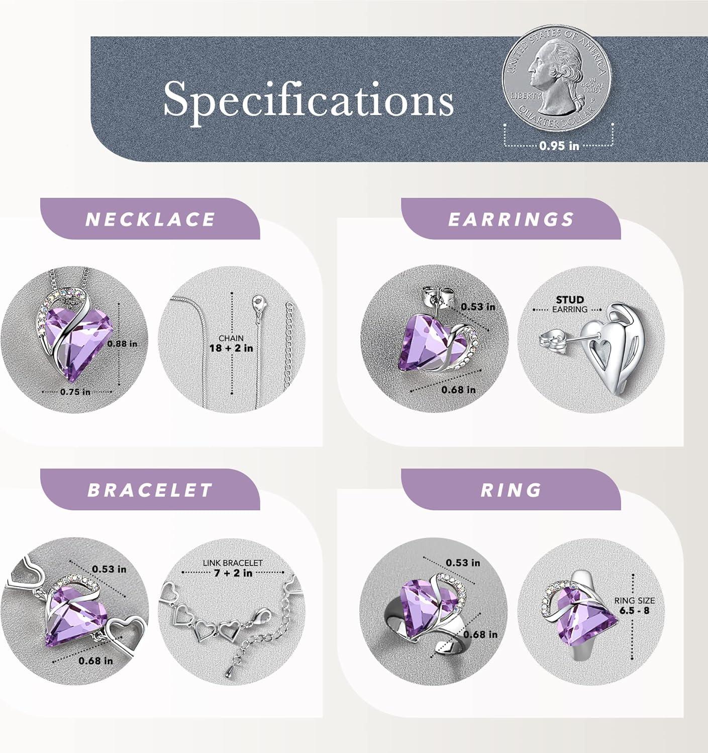 imageLeafael Infinity Love Heart Necklace Stud Earrings Bracelet and Ring Set June Birthstone Crystal Jewelry Silver Tone Gifts for Women Alexandrite Light Purple