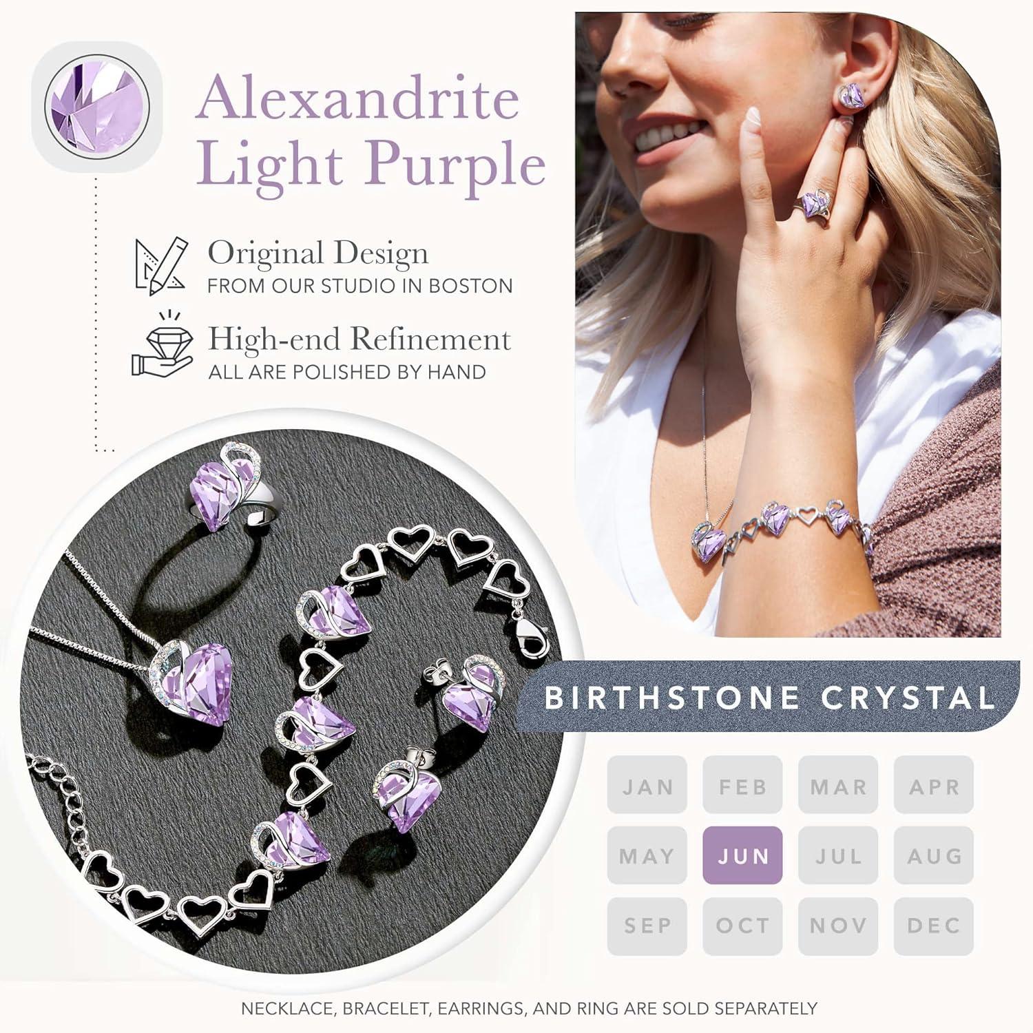 imageLeafael Infinity Love Heart Necklace Stud Earrings Bracelet and Ring Set June Birthstone Crystal Jewelry Silver Tone Gifts for Women Alexandrite Light Purple