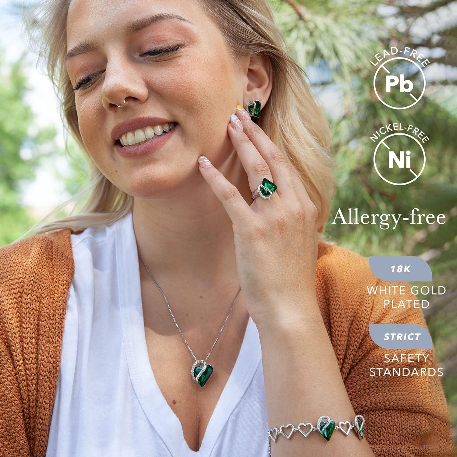 imageLeafael Infinity Love Heart Necklace Stud Earrings Bracelet and Ring Set May Birthstone Crystal Jewelry Silver Tone Gifts for Women Emerald Green