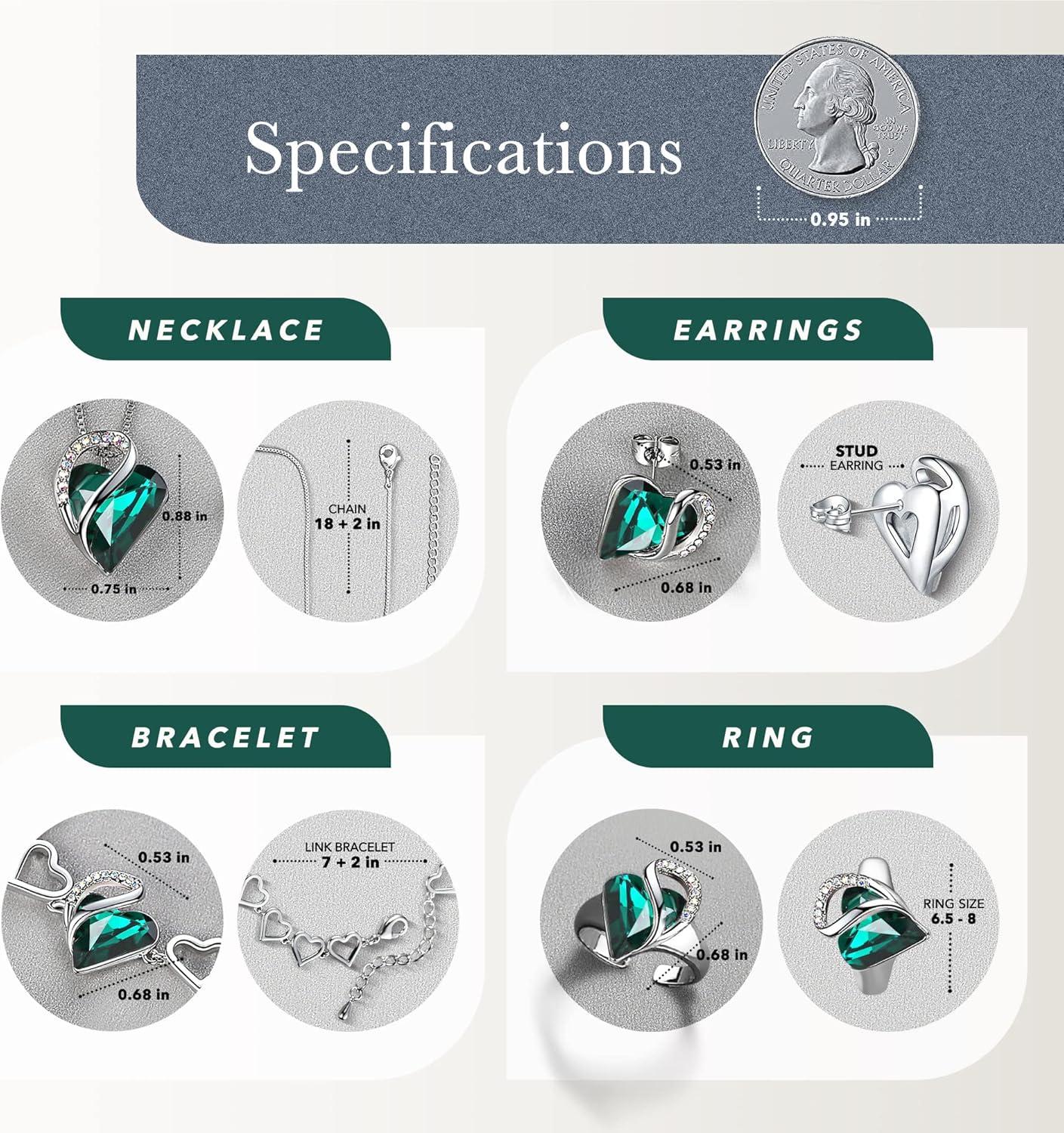 imageLeafael Infinity Love Heart Necklace Stud Earrings Bracelet and Ring Set May Birthstone Crystal Jewelry Silver Tone Gifts for Women Emerald Green