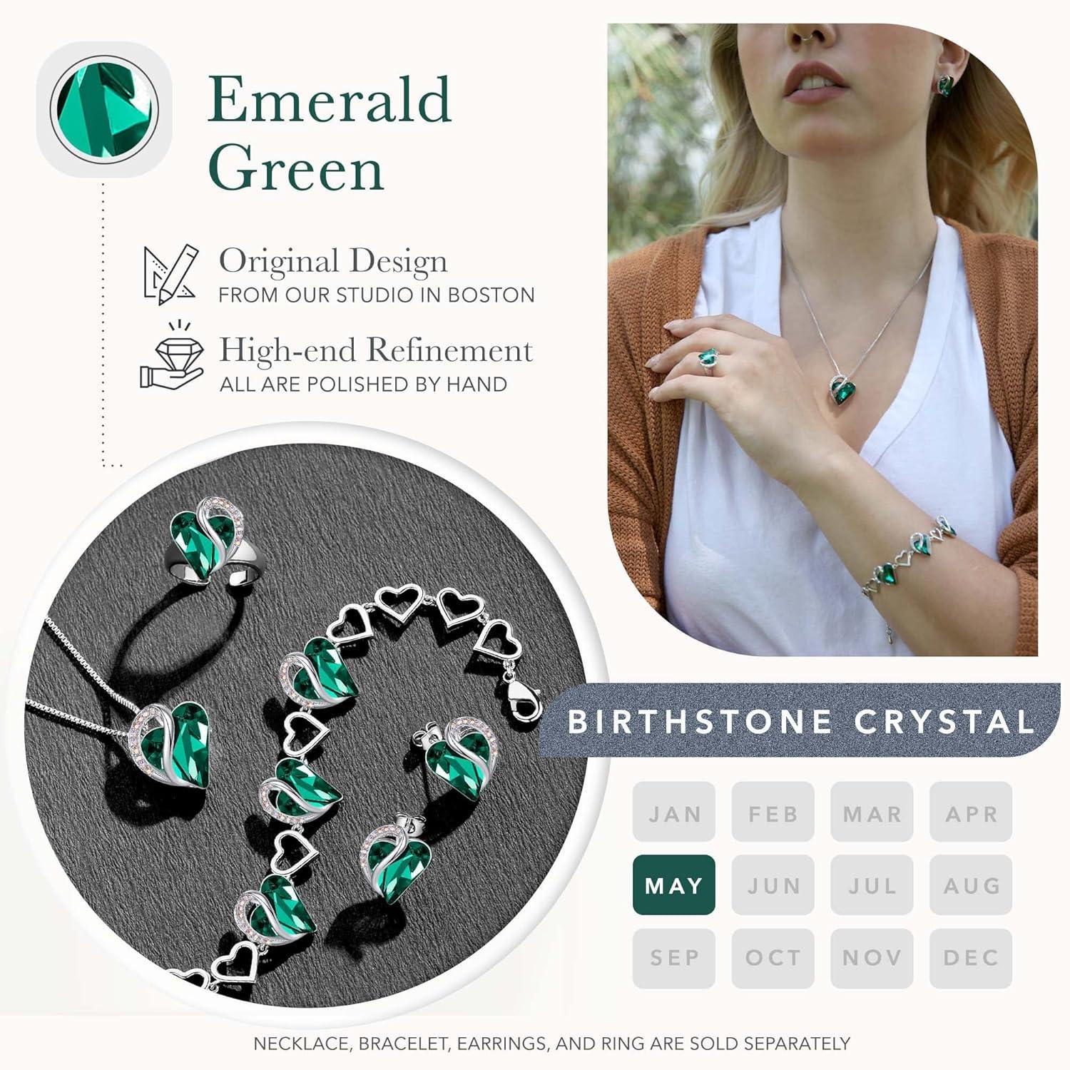 imageLeafael Infinity Love Heart Necklace Stud Earrings Bracelet and Ring Set May Birthstone Crystal Jewelry Silver Tone Gifts for Women Emerald Green