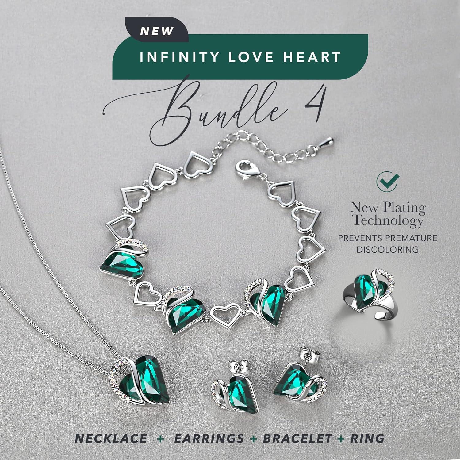 imageLeafael Infinity Love Heart Necklace Stud Earrings Bracelet and Ring Set May Birthstone Crystal Jewelry Silver Tone Gifts for Women Emerald Green