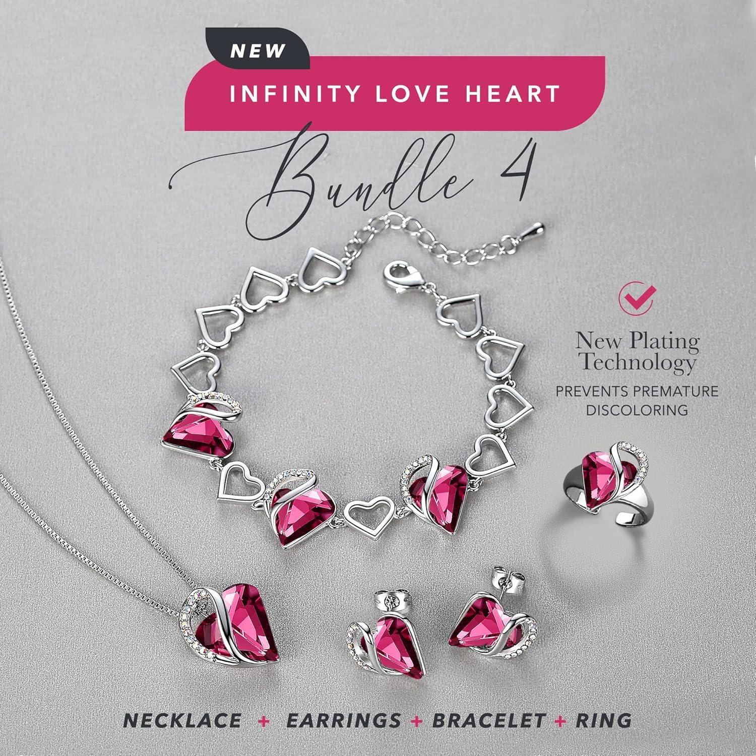 imageLeafael Infinity Love Heart Necklace Stud Earrings Bracelet and Ring Set October Birthstone Crystal Jewelry Silver Tone Gifts for Women Tourmaline Pink