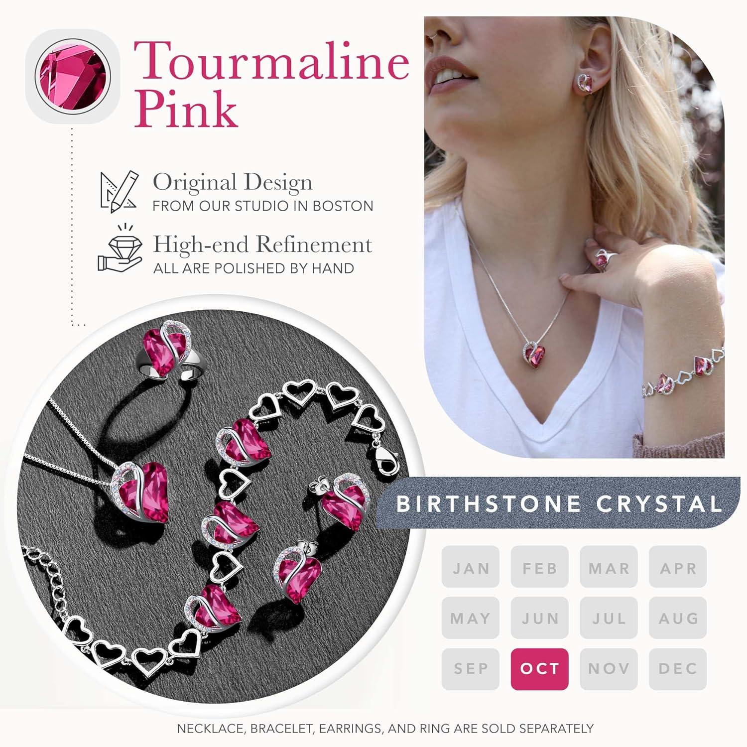 imageLeafael Infinity Love Heart Necklace Stud Earrings Bracelet and Ring Set October Birthstone Crystal Jewelry Silver Tone Gifts for Women Tourmaline Pink