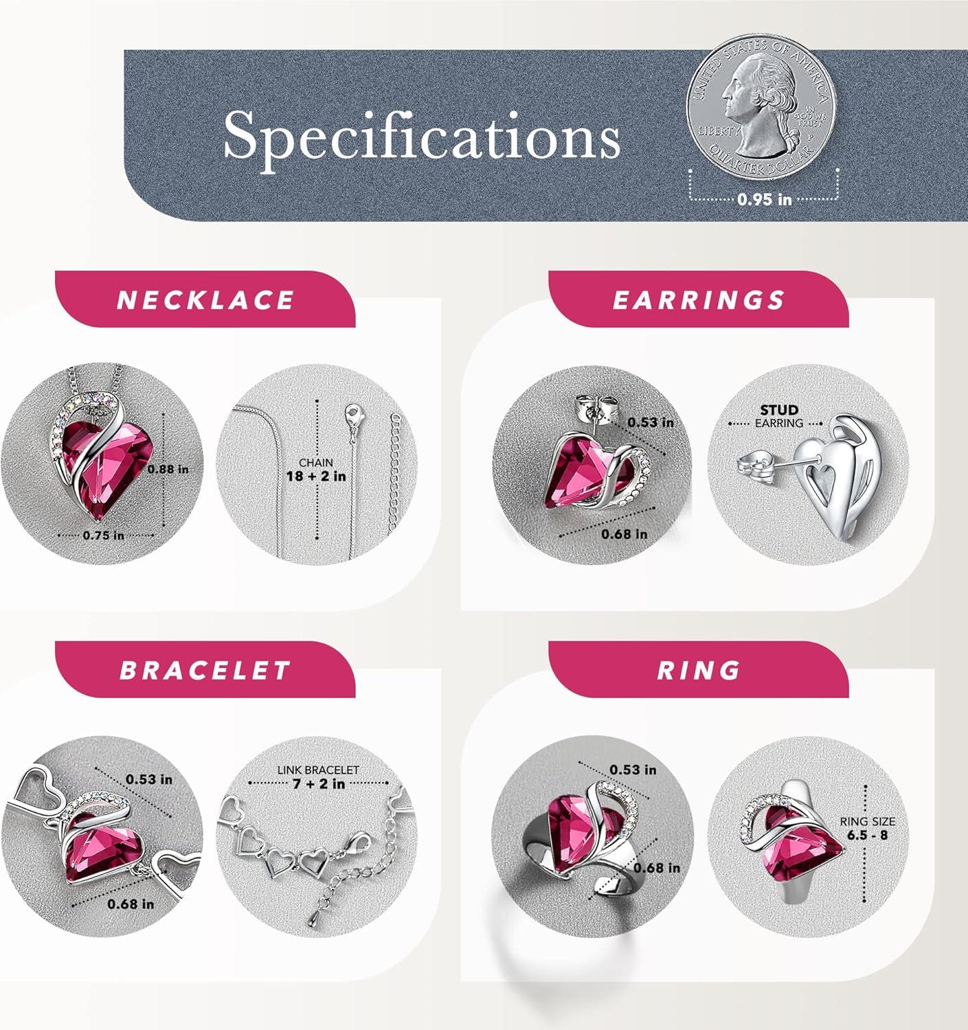 imageLeafael Infinity Love Heart Necklace Stud Earrings Bracelet and Ring Set October Birthstone Crystal Jewelry Silver Tone Gifts for Women Tourmaline Pink