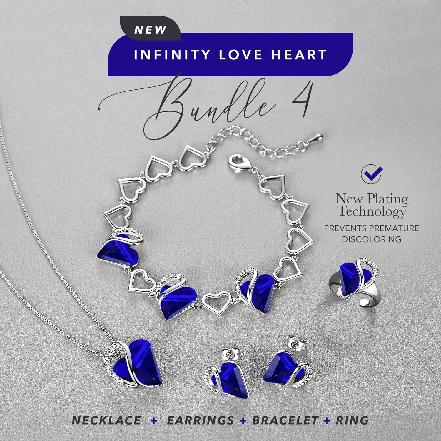 imageLeafael Infinity Love Heart Necklace Stud Earrings Bracelet and Ring Set September Birthstone Crystal Jewelry Silver Tone Gifts for Women Sapphire Blue