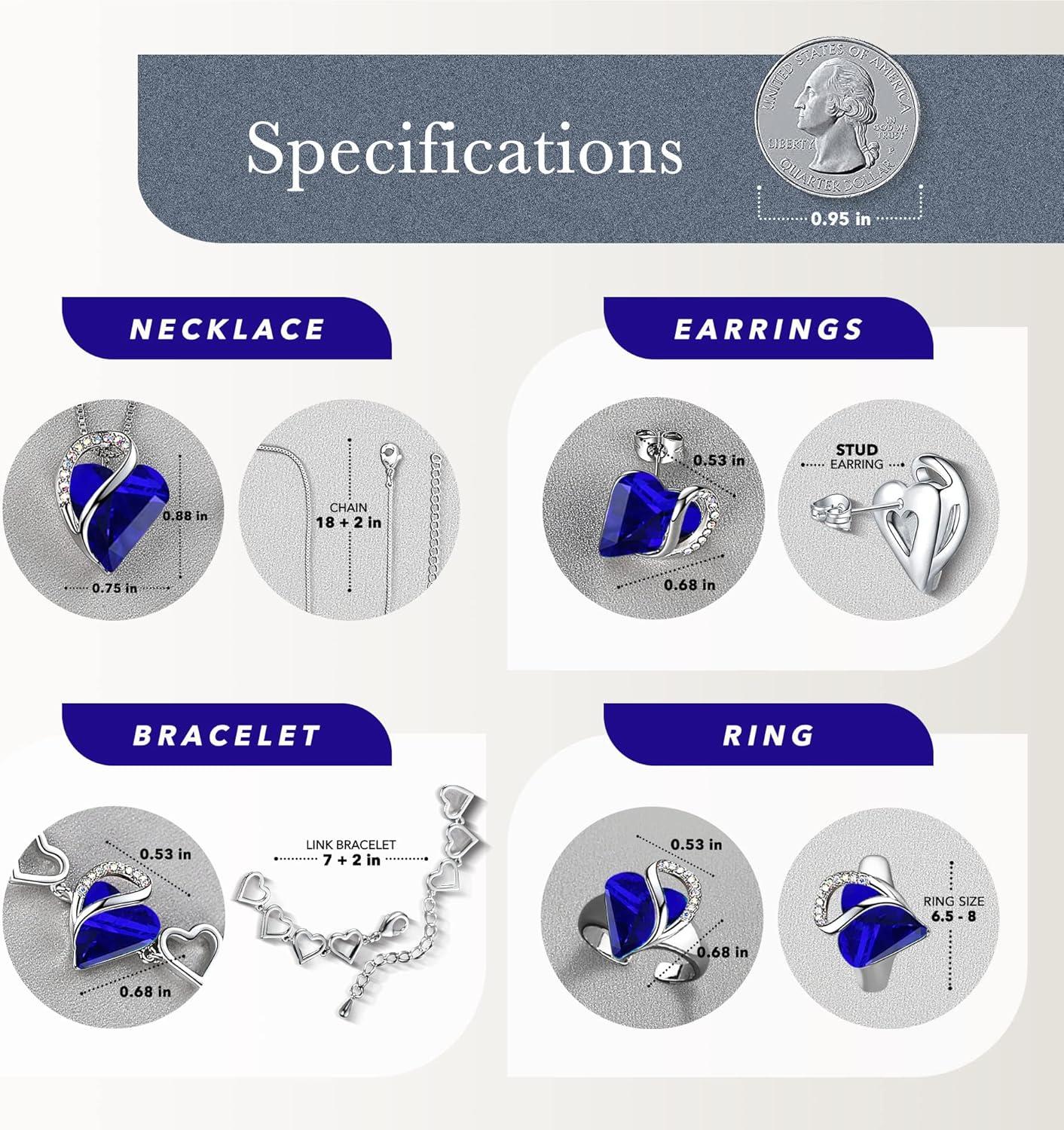 imageLeafael Infinity Love Heart Necklace Stud Earrings Bracelet and Ring Set September Birthstone Crystal Jewelry Silver Tone Gifts for Women Sapphire Blue