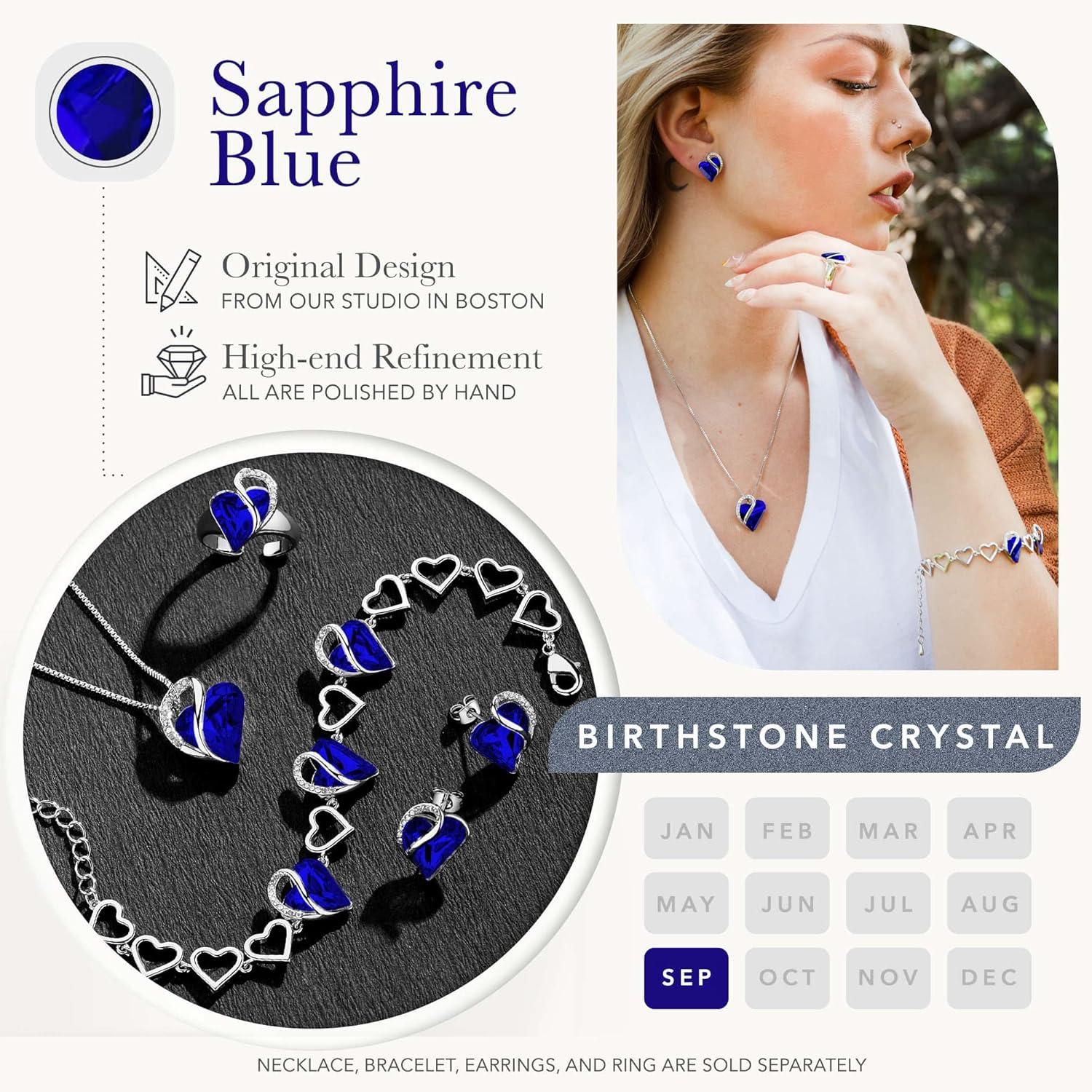 imageLeafael Infinity Love Heart Necklace Stud Earrings Bracelet and Ring Set September Birthstone Crystal Jewelry Silver Tone Gifts for Women Sapphire Blue