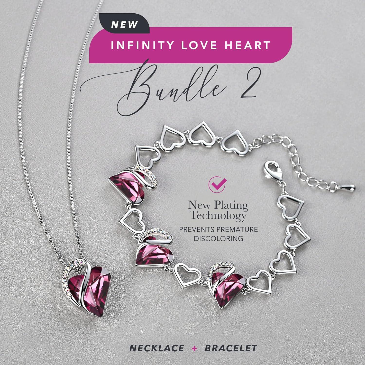 imageLeafael Infinity Love Heart Necklace and Bracelet for Women February Birthstone Crystal Jewelry Silver Tone Bundle Gifts for Women Amethyst Pink