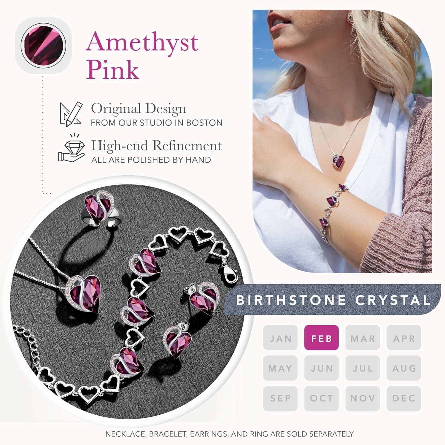 imageLeafael Infinity Love Heart Necklace and Bracelet for Women February Birthstone Crystal Jewelry Silver Tone Bundle Gifts for Women Amethyst Pink