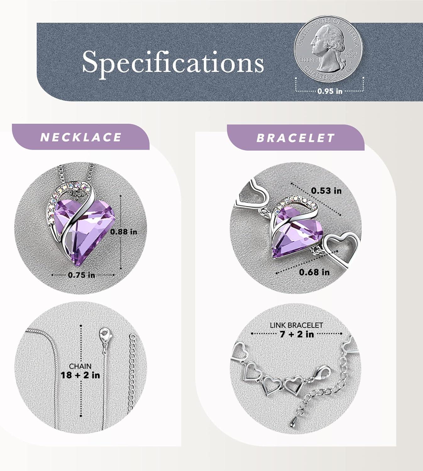 imageLeafael Infinity Love Heart Necklace and Bracelet for Women June Birthstone Crystal Jewelry Silver Tone Bundle Gifts for Women Alexandrite Light Purple